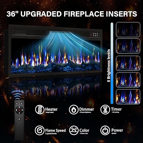 Miniatura 4 de VITESSE Chimenea con soporte para TV, chimenea eléctrica de 36 pulgadas, televisores de hasta 80 pulgadas, centro de entretenimiento con luz LED, 70