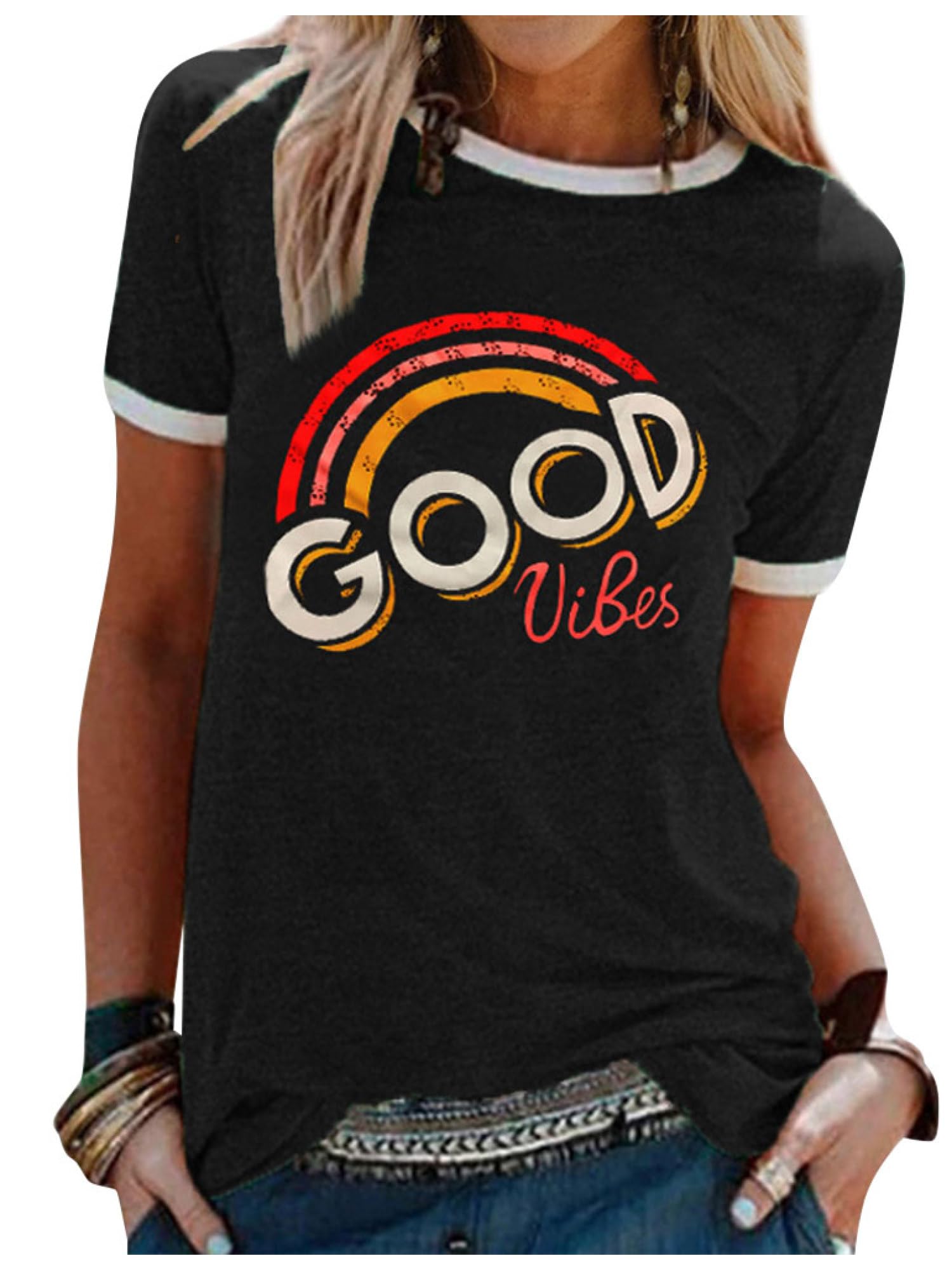 WIEIYM Tshirt Damen Rundhals Kurzarm T-Shirts Sommer T Shirts Good Vibes Regenbogen Brief Gedruckt Lässig Tee Shirts Oberteile Tops S-XXL