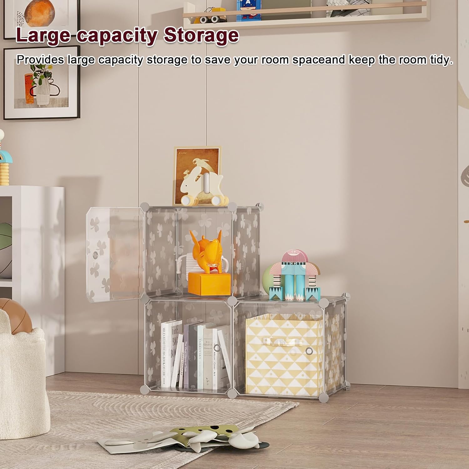 C&AHOME Cube Storage Organizer with Doors, 3-Cube Shelves, DIY Plastic Modular Bookshelf, Closet Clothes Storage Shelving Ideal for Bedroom, Living Room, Clover Embossed, White