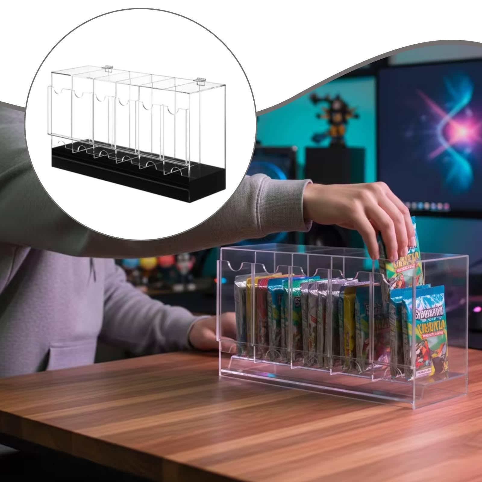 Boîte Distributeur de Packs de Cartes Vitrine Organiseur Présentoir en Acrylique Rigide avec Base Stable Accès par L'Arrière Adaptée Au Bureau, Fond Noir, 6 Emplacements