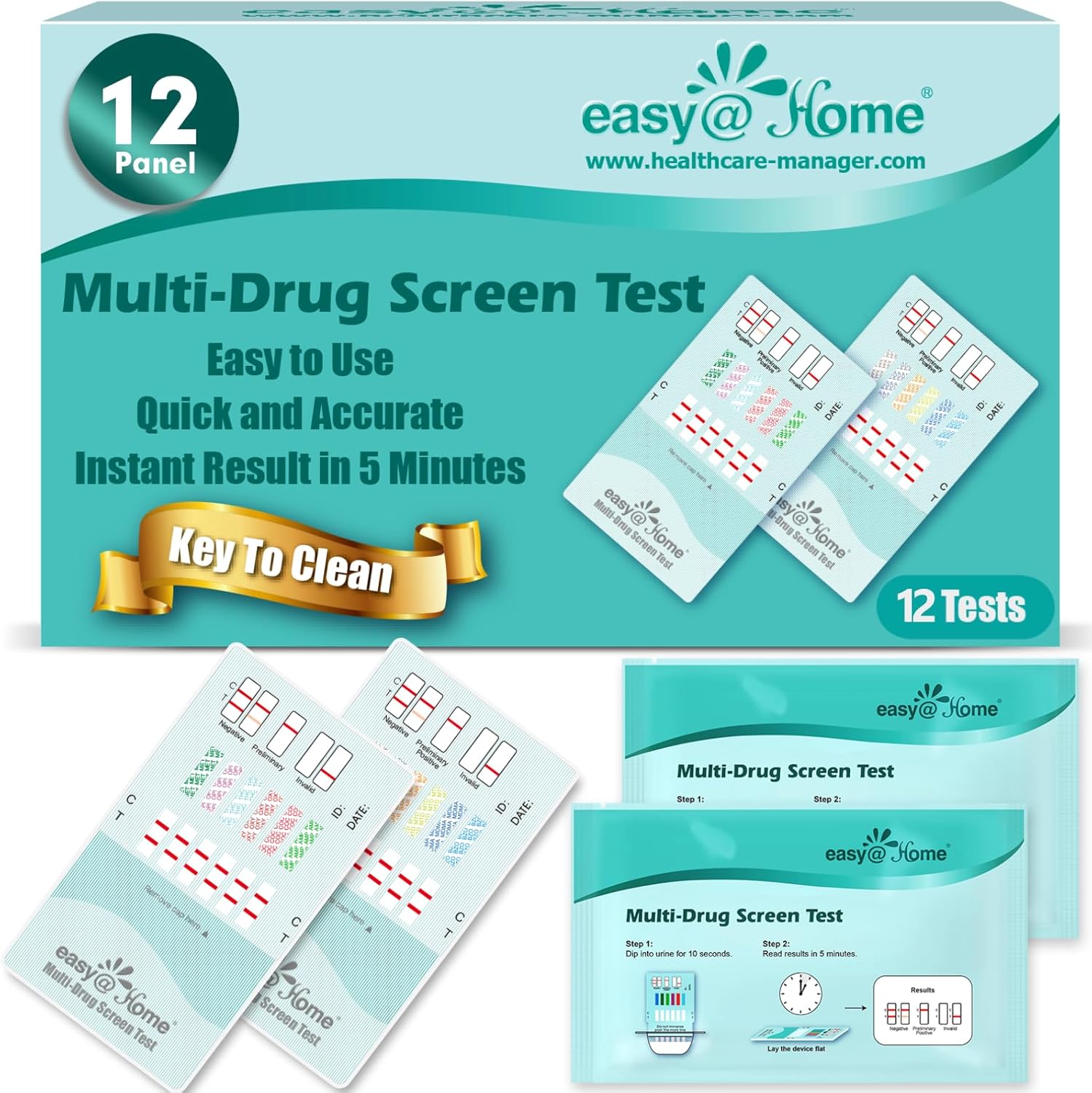 Easy@Home Multi-Drug Screen Test: 10 Panel Drug Test Kit (THC/AMP/BZO/COC/MET/MOR/BAR/MDMA/PCP/MTD), 12 Pack Urine Drug Tests with Instant Results -#EDOAP-3104