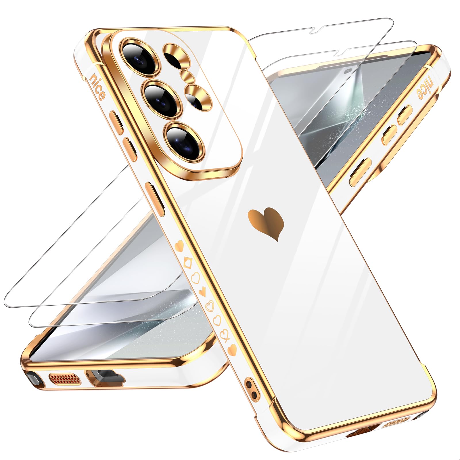 LeYi Handyhülle für Samsung Galaxy S26 Ultra Hülle mit 2*Schutzfolie, Cute Herz Muster TPU Silikon Galvanik Stoßfest Schutzhülle Cover Case, Kameraschutz Kratzfest für Samsung S26U Weiß