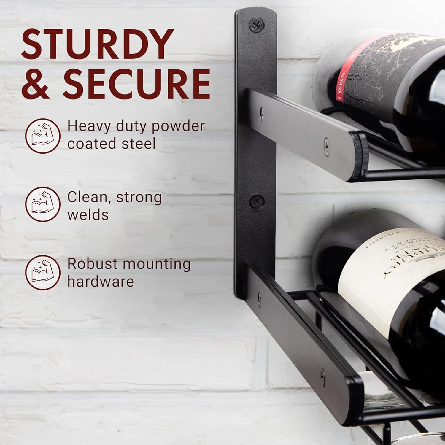 Hanging Floating Shelves - Wall Mounted Wine Rack, Black Modern Style Iron Storage Glass Rack Holds 8 X Glasses and Bottles, Easy Installation(17 * 7.5 9.5in)