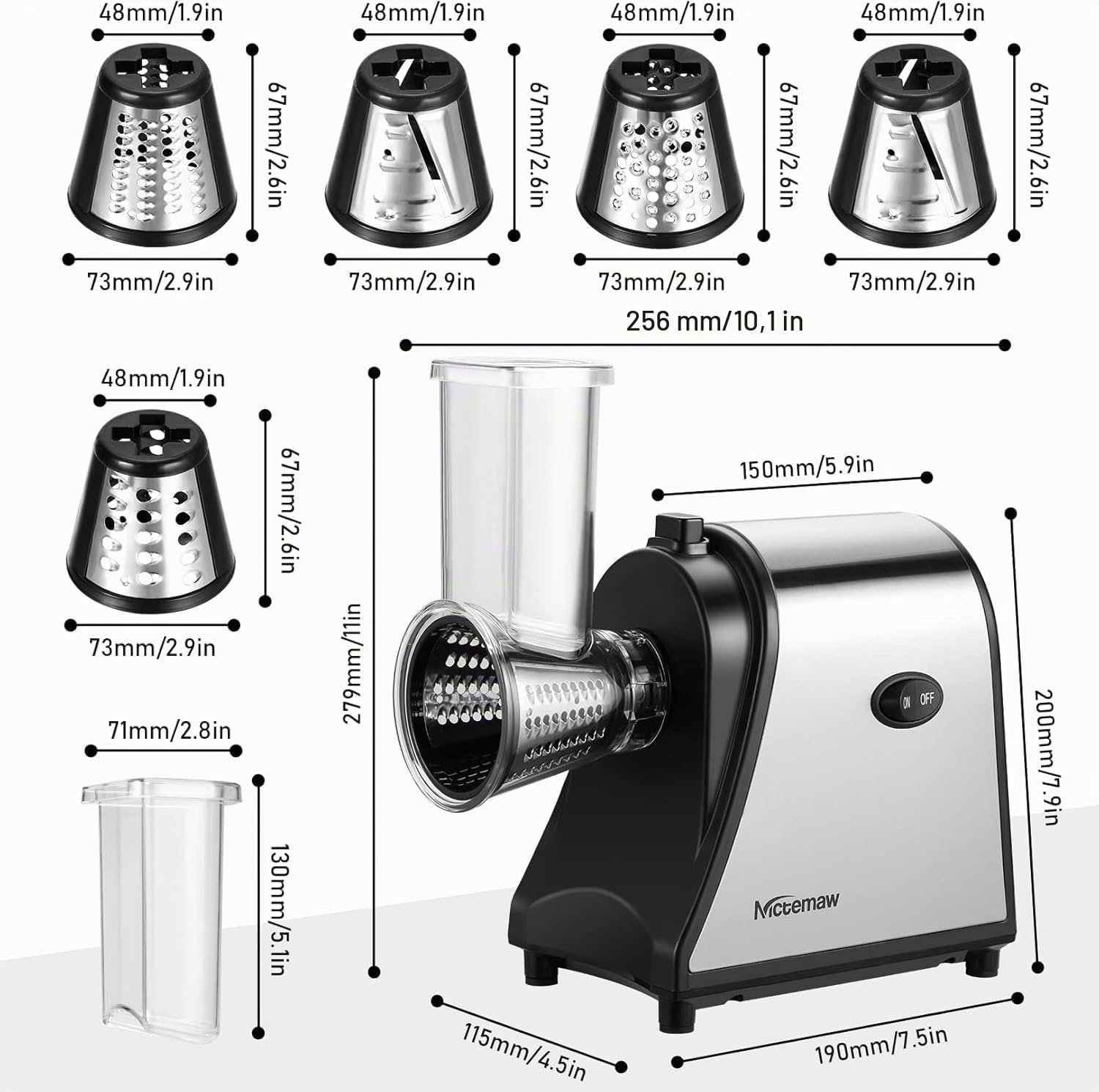 COOCHEER Coupe-légumes Électrique, 5 en 1 Râpe Multifonctionnelle Électrique, 250W Râpe et Hachoir Électriques, avec 5 Cônes en Acier Inoxydable, Convient pour Légumes et Carottes YF002