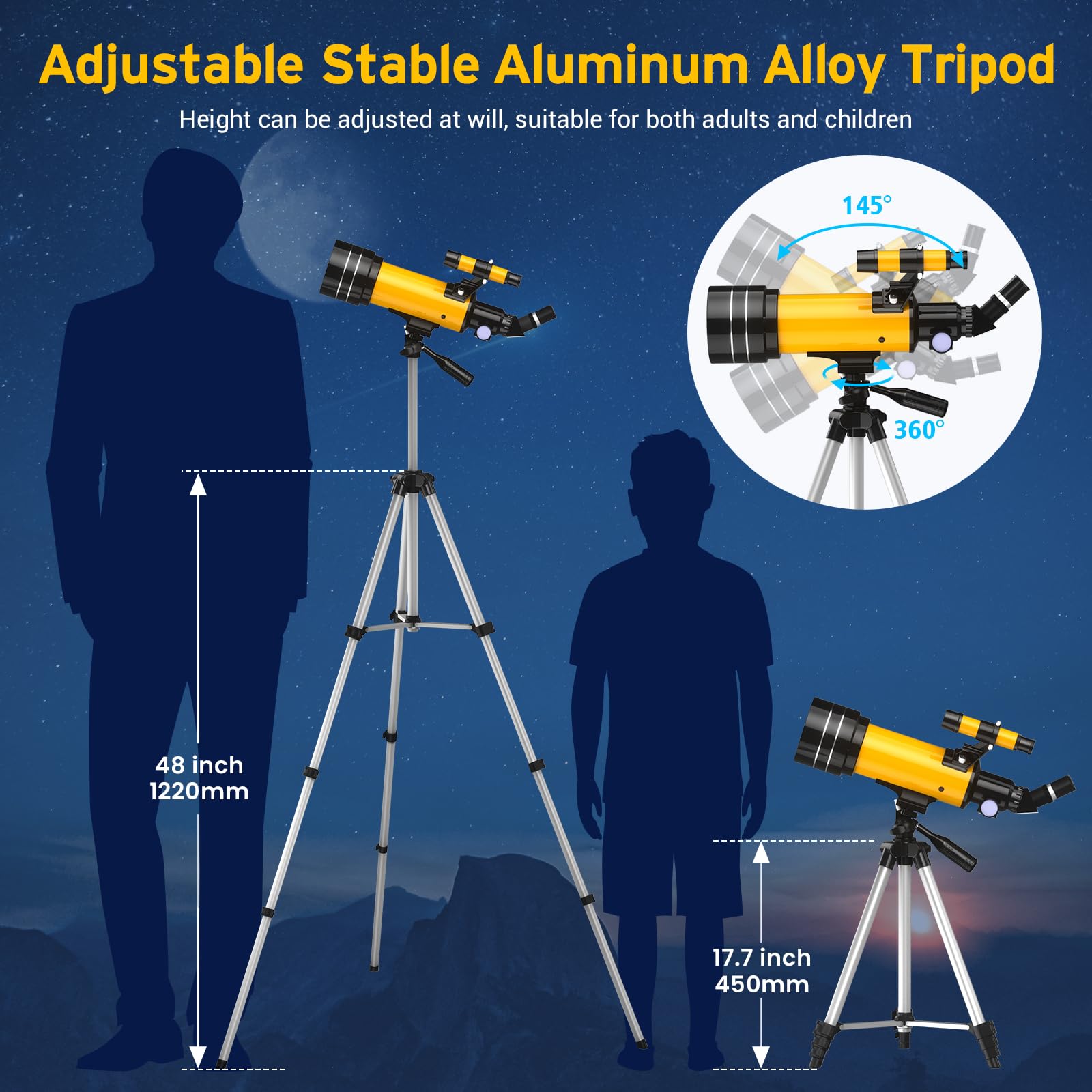 Télescope 70MM, Ouverture 400MM (20X-200X), Télescope Astronomique Réfracteur, FMC Haute Transmission, Trépied, Adaptateur Téléphone, Télécommande, Cadeaux d'astronomie pour Enfants Adultes Débutants
