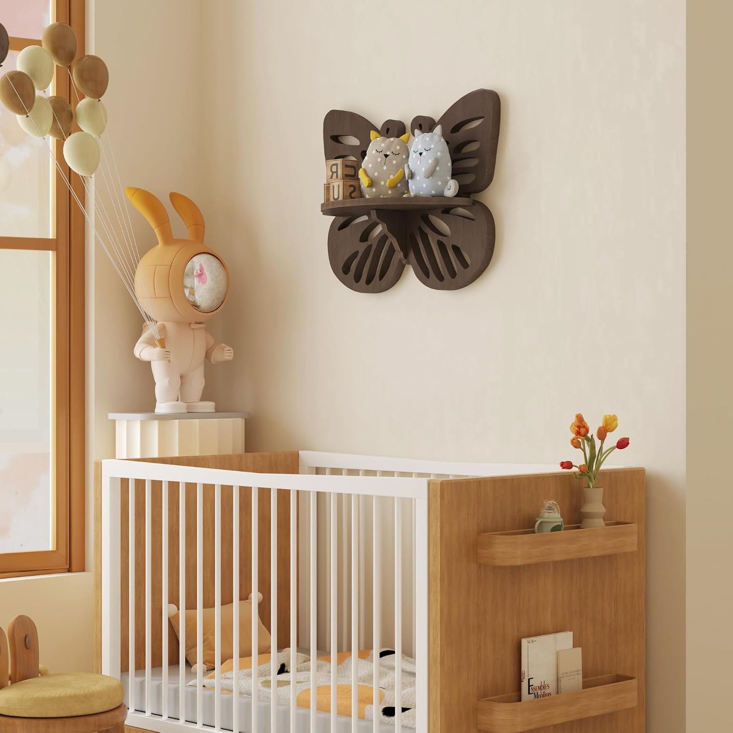 Butterfly Shaped Nursery Wall Deor, Solid Wood Floating Shelves, Small Decorative Shelf Wall Mounted, Cute Display Rack for Kid’s Room, Hanging Wall Shelf for Toys, Plants and Decorations Storage image 2