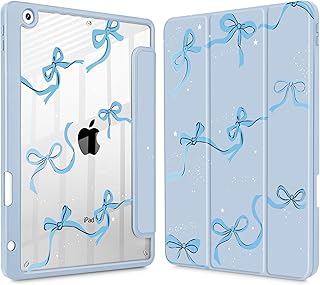 May Chen for iPad 9th Generation with Pencil Holder, iPad 8th/7th Gen Case 10.2-inch, [Penceil Holder] Trifold Stand Auto Wake/Sleep Clear TPU Protection Back Cover, Blue Bows