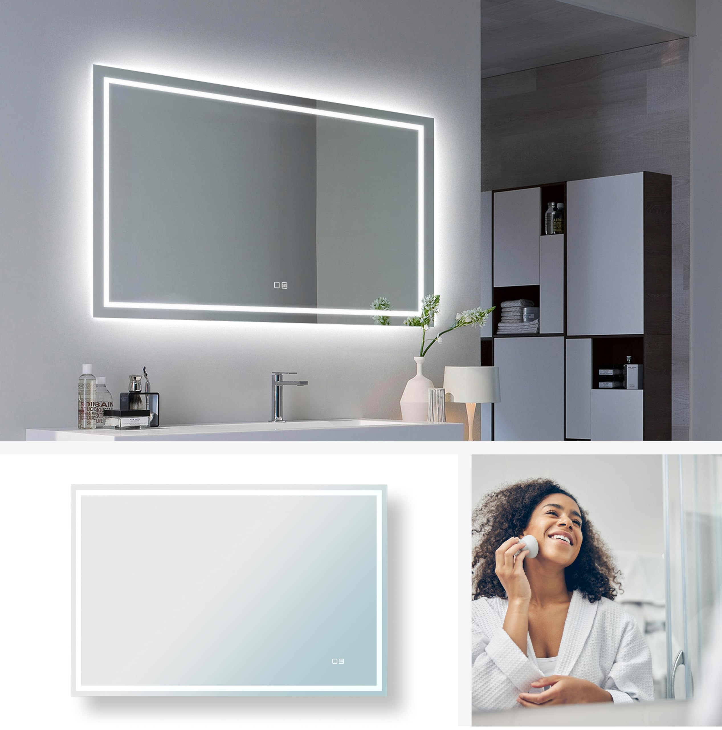 UBUD Espejo de Baño con Luz LED 120x80. Antivaho, Cristal 4k, Intensidad Regulable, Función Memoria, IP44, Montaje Horizontal, Vidrio Anti-Estallido - Diseño Moderno