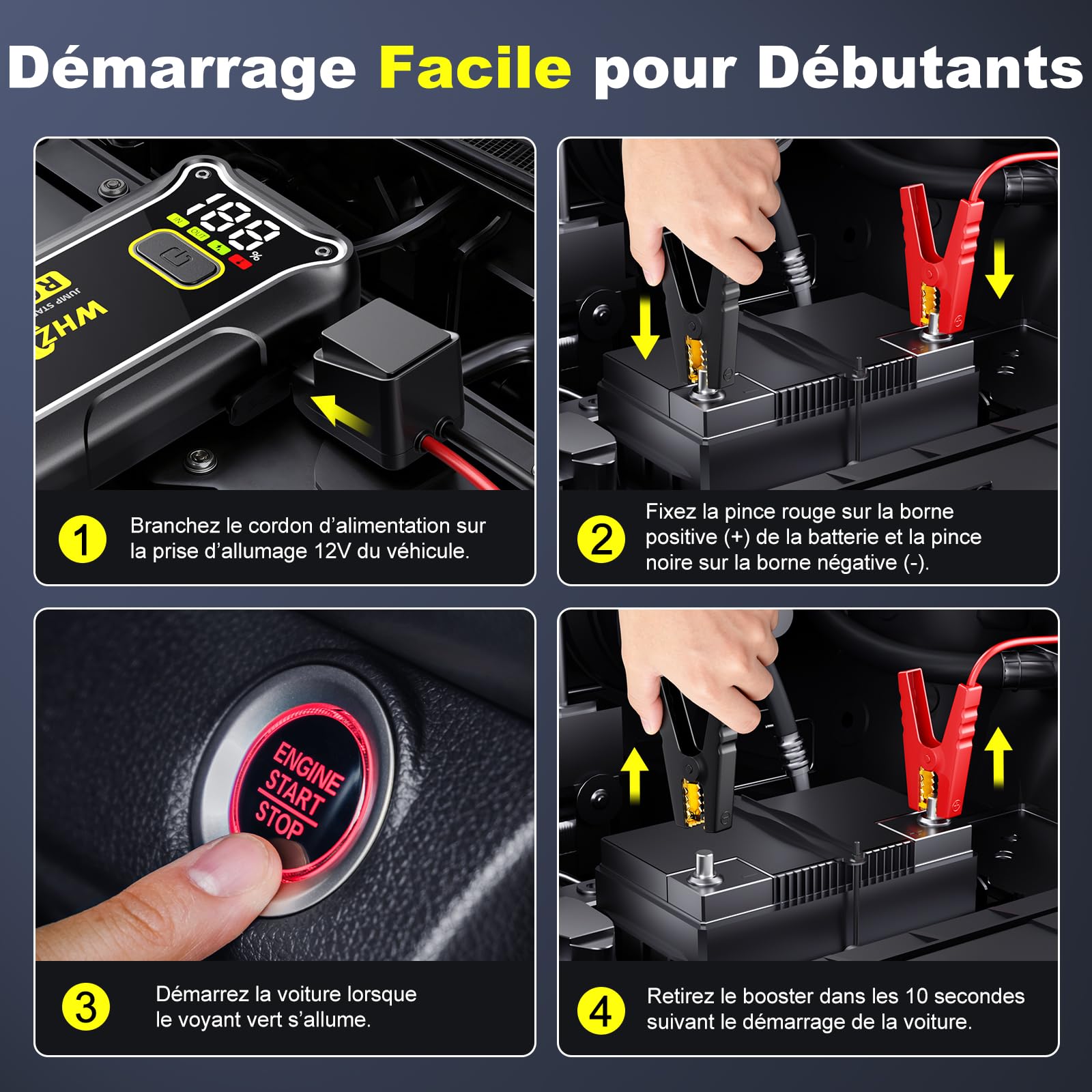 Booster Batterie Voiture 7000A Démarreur de Voiture 12V Démarreur de Batterie (Jusqu’à 10L Essence & 8L Diesel) Portable Jump Starter Moto Camion avec LED de Secours, Pinces de Sûreté Intelligentes
