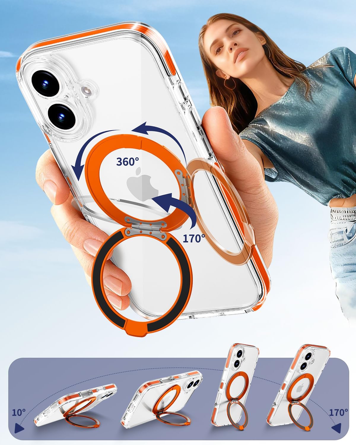 Magnetic for iPhone 16 Case with 360 Spin Stand [Compatible with MagSafe] [Military-Grade Protection] [Detachable Strip] Anti-Yellowing Slim Case for iPhone 16 6.1", Orange