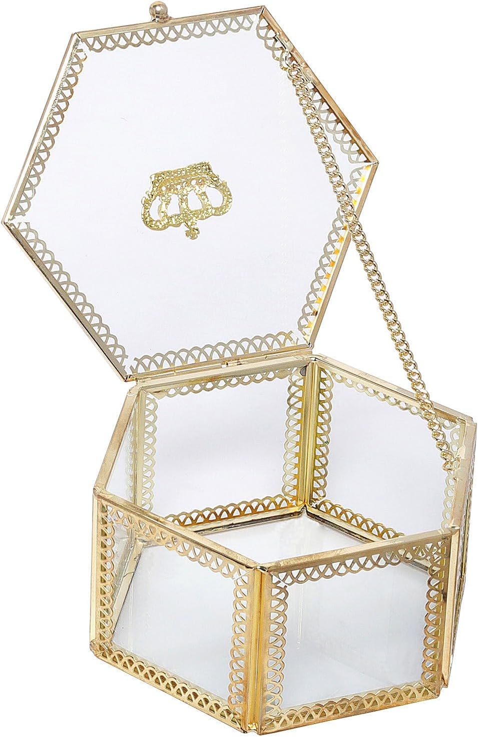 LONGSHENG - SINCE 2001 - Vintage Glass Jewelry Organizer Box Golden Metal Crown Hexagon Keepsake Box Desktop Jewelry Organizer Holder Wedding Birthday Gift Vanity Decorative Box for Wedding