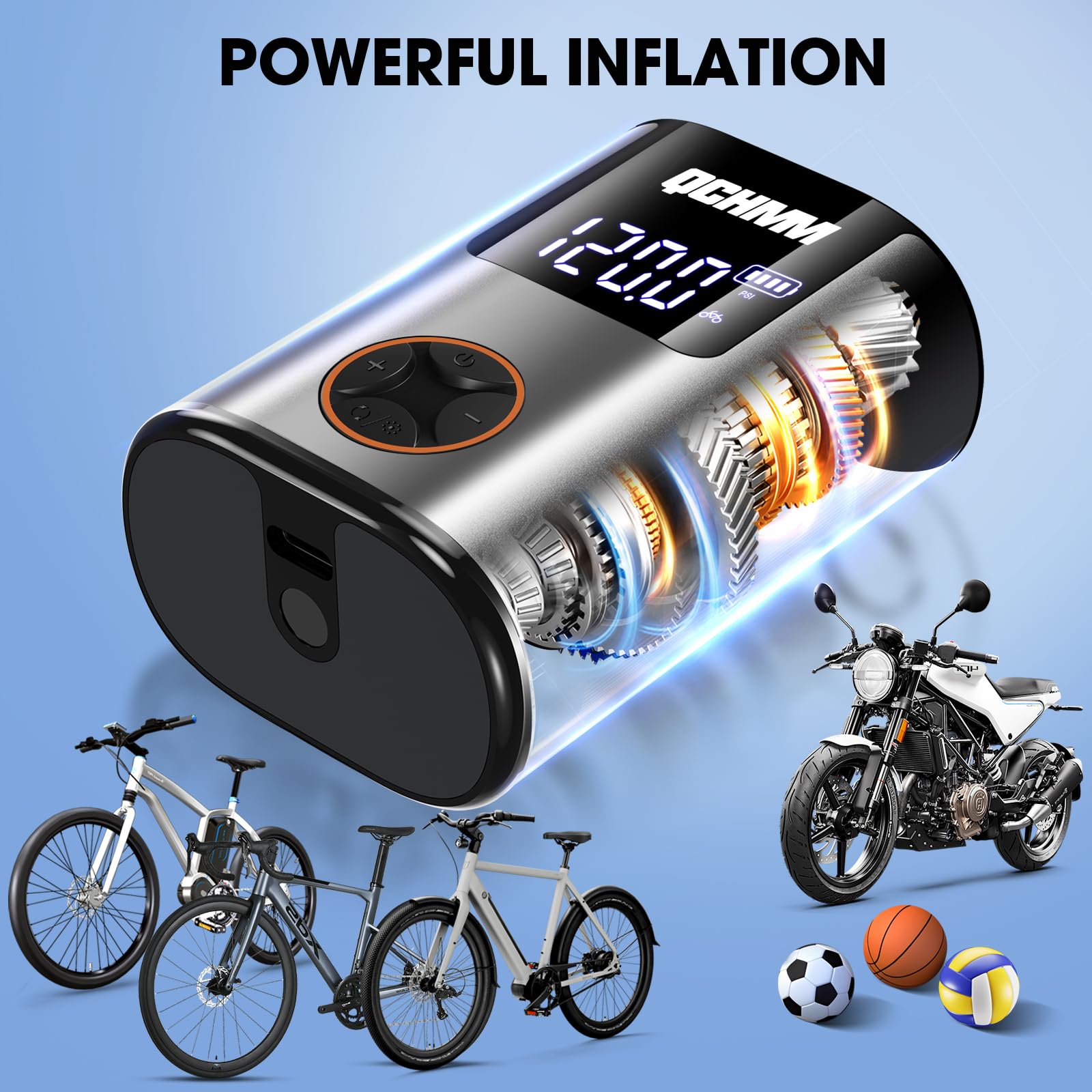 Fahrradpumpe Elektrisch, Mini Elektrische Luftpumpe Fahrrad,fahrradpumpe mit Manometer für Schrader- und Presta Ventil, 120PSI Akku Luftpumpe, PSI/BAR Units, Auto-Off und LED-Licht