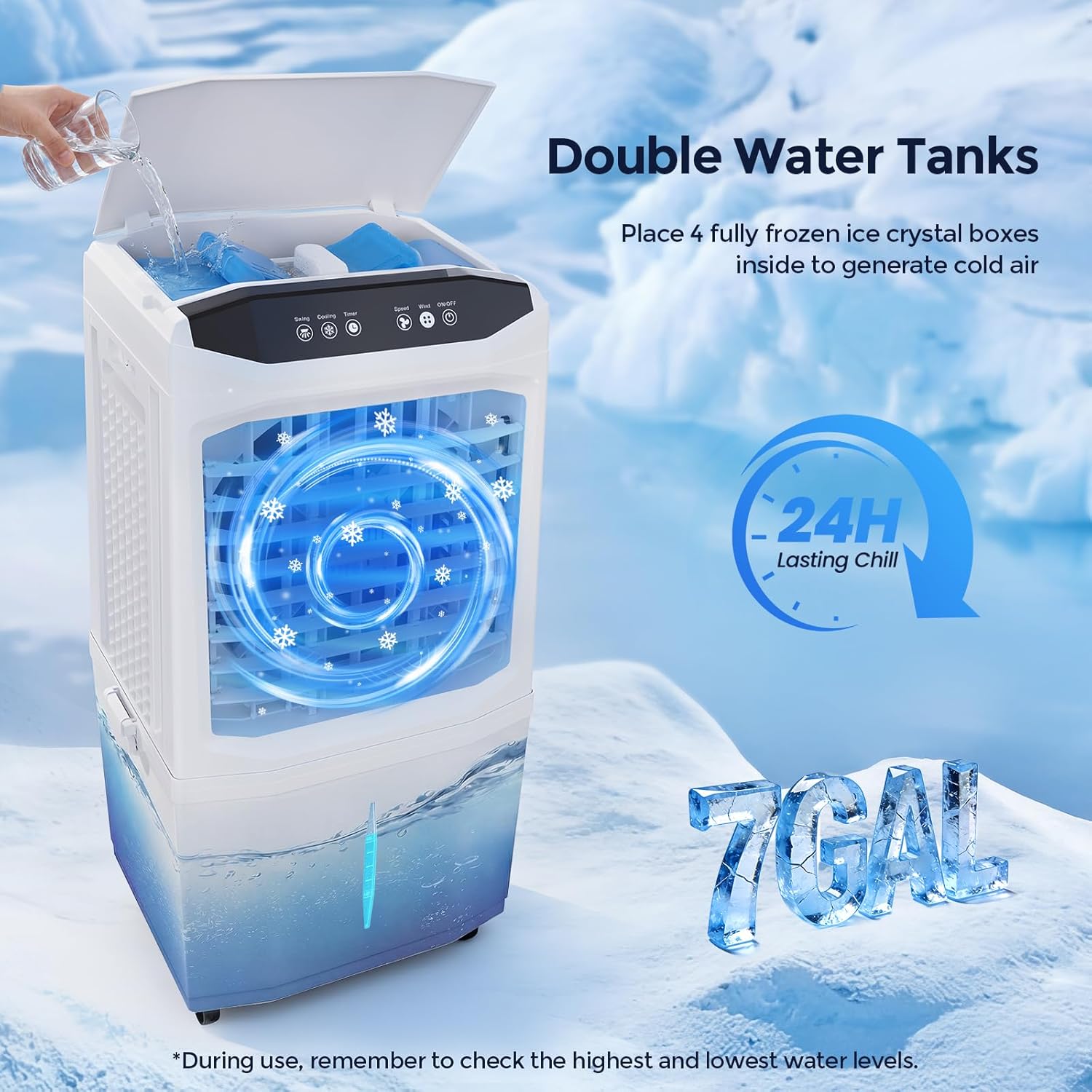 Cooler Fan, 90° Auto Swing Air Cooling Fan, 7 Gal Water Tank for 30H Cooling, 3 Modes & 3 Speeds,12H Timer