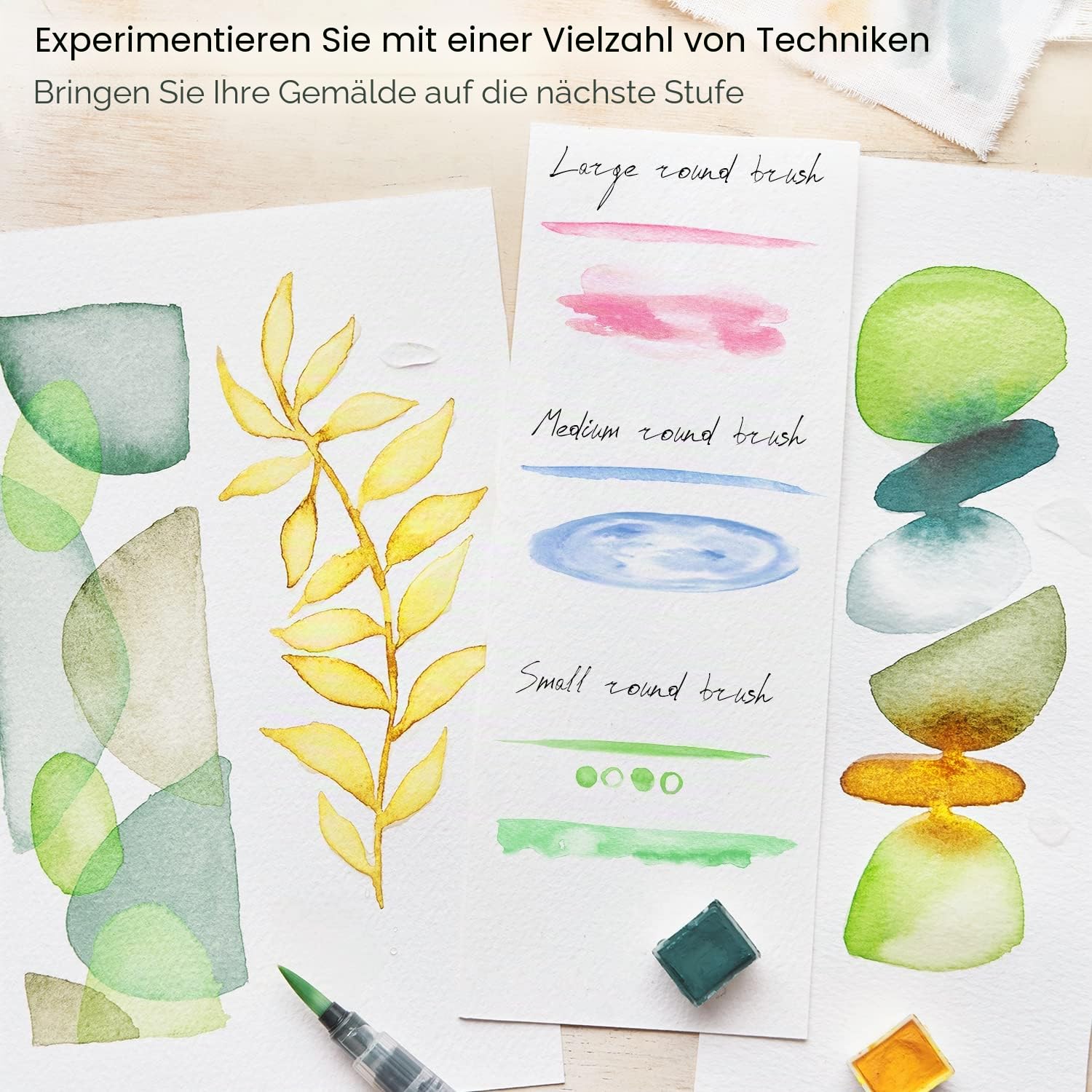 Arteza Wassertankpinsel 4er Set, Wasserpinsel selbstbefeuchtend und tragbar, Aquarellpinsel mit Wassertank und verschiedenen Aufsätzen