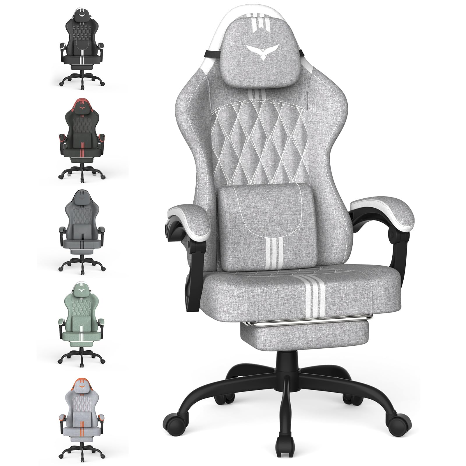 Huracan Ergonomic Gaming Chair, Gamer Chairs with Massage Function, Headrest and Footrest, Gamer Chair Height Adjustable, Gaming Chair with Adjustable Backrest from 90 to 145° for Games, Grey-White