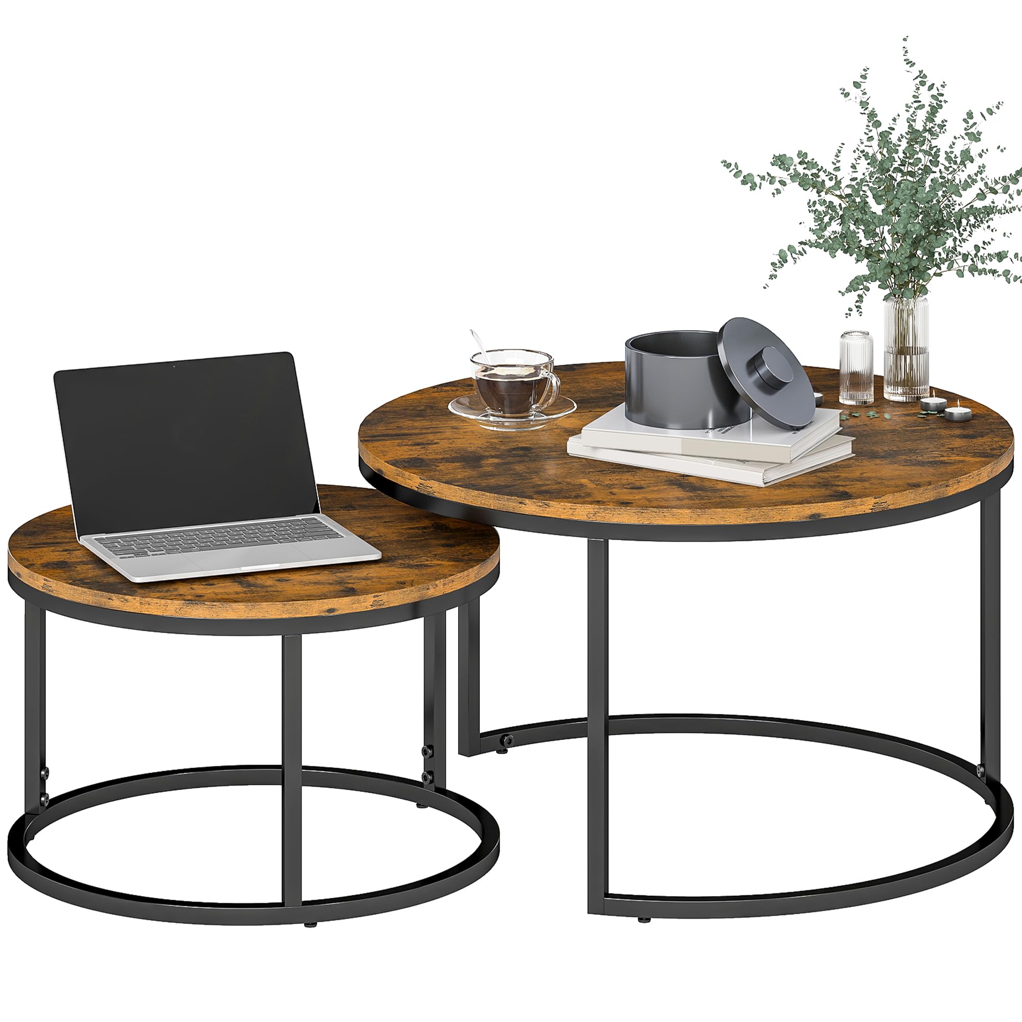 HOMCOM Round Coffee Table Set of 2, Space Saving Nesting Tables with Steel Frame for Living Room, Bedroom, Home Office, 78.5 x 78.5 x 46.5 cm, Rustic Brown — image 1