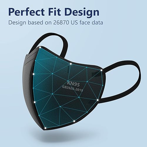 Miniatura 4 de Funight Mascarillas KN95, paquete de 50 unidades, 5 capas, transpirables, eficiencia de filtro 95% protectoras, desechables, color negro