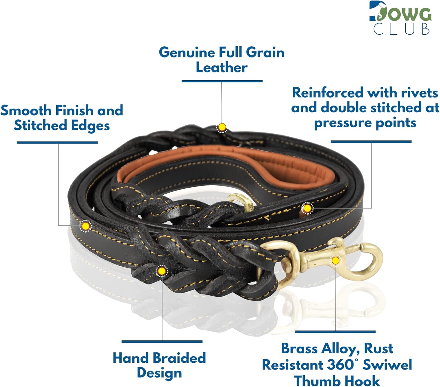 Leather Dog Leash – 6ft x ¾ Inch, Dual Handle with Soft Padded Grip, Hand-Braided Full Grain Leather for Medium to XL Dogs – Heavy Duty Leash with Traffic Control Handle (Black with D Ring)