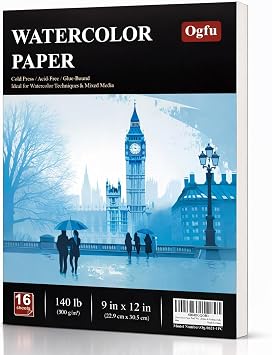 Ogfu Watercolor Paper Pad, 9"x12" Water Color Paper, 140lb/300gsm | Watercolor Sketchbook for Beginners, Students, Art Paper for Watercolor Painting, Drawing & Art Supplies,16 Sheets
