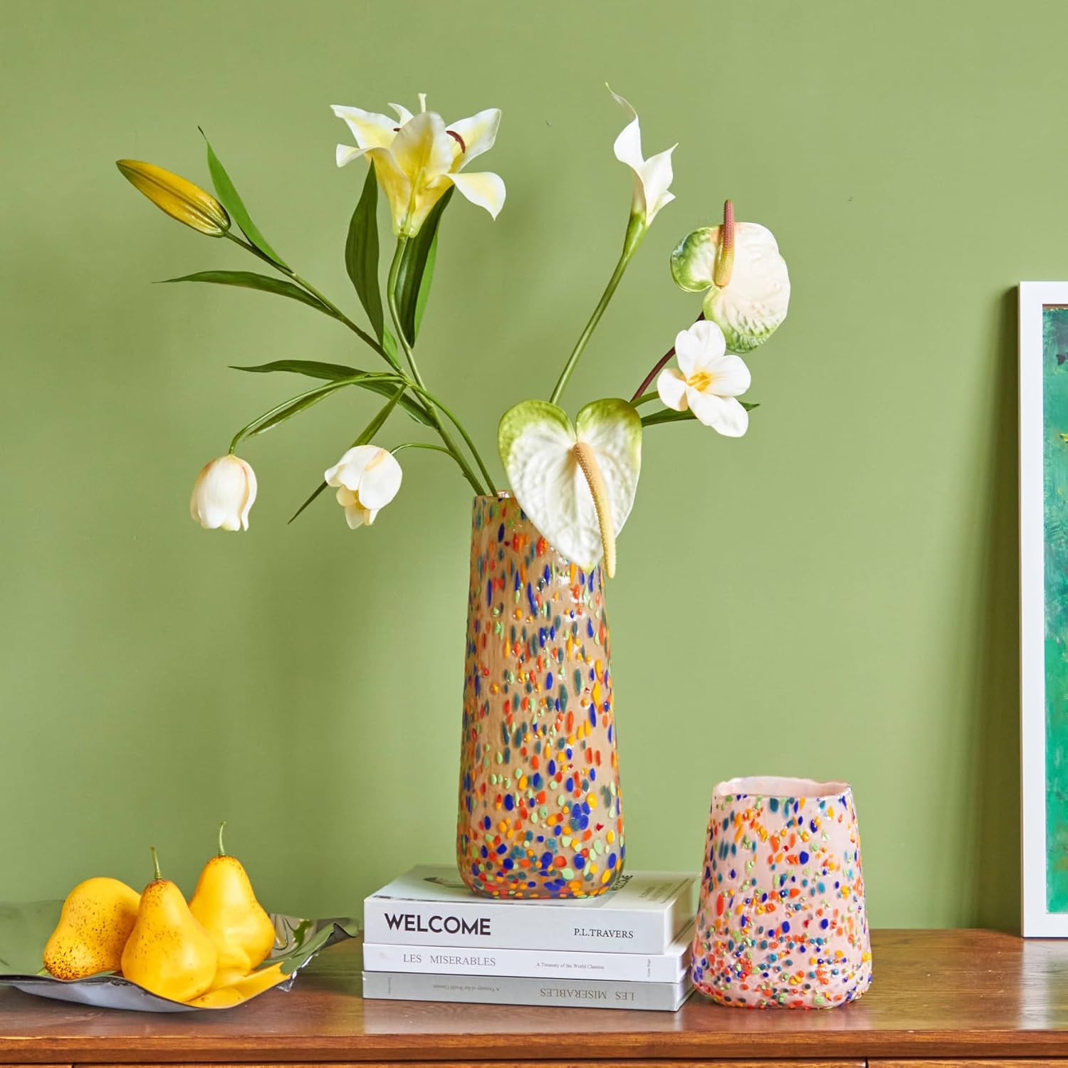 12" H Large Glass Vase,Art Flower Vases for Home Decor,3.97 lb Heavy Luxury vases,Noble Colored Wave Point Dot Hand Blown Vase,Tall Vases for Flower