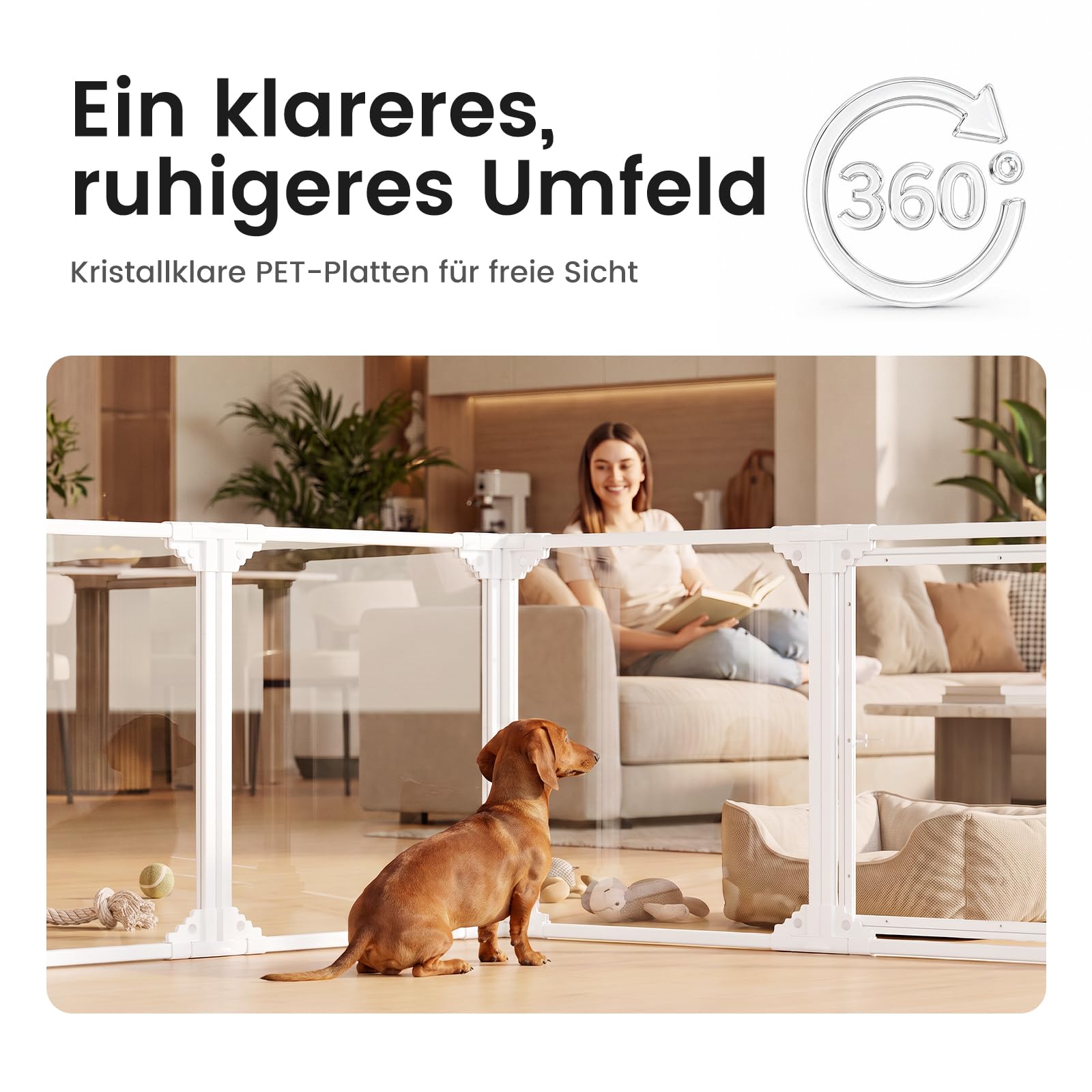 Gardner Pet Przezroczysta płot dla psa, 8 paneli, 60 cm, biała | Metalowa obudowa wewnętrzna z płyty PET, zamknięcie zatrzaskowe i przyssawki, 7 paneli + 1 drzwi dla małych zwierząt