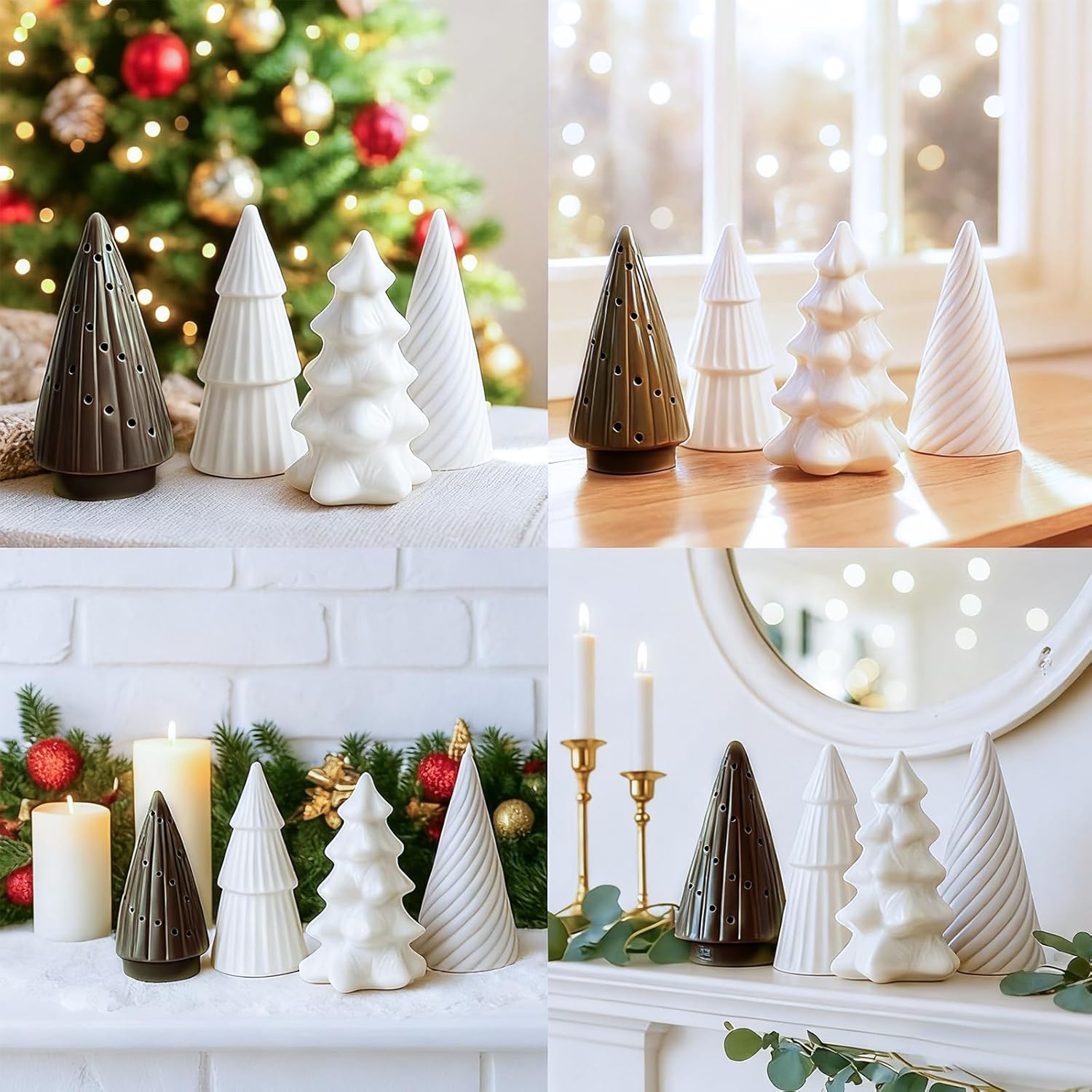 Wesiti 4 Pcs Ceramic Christmas Tree Decor, White Porcelain Figurine Decor for Xmas Table Centerpiece 6 in Modern Ceramic Christmas Tree for Home Fireplace Desktop Tabletop Mantel Cabinets