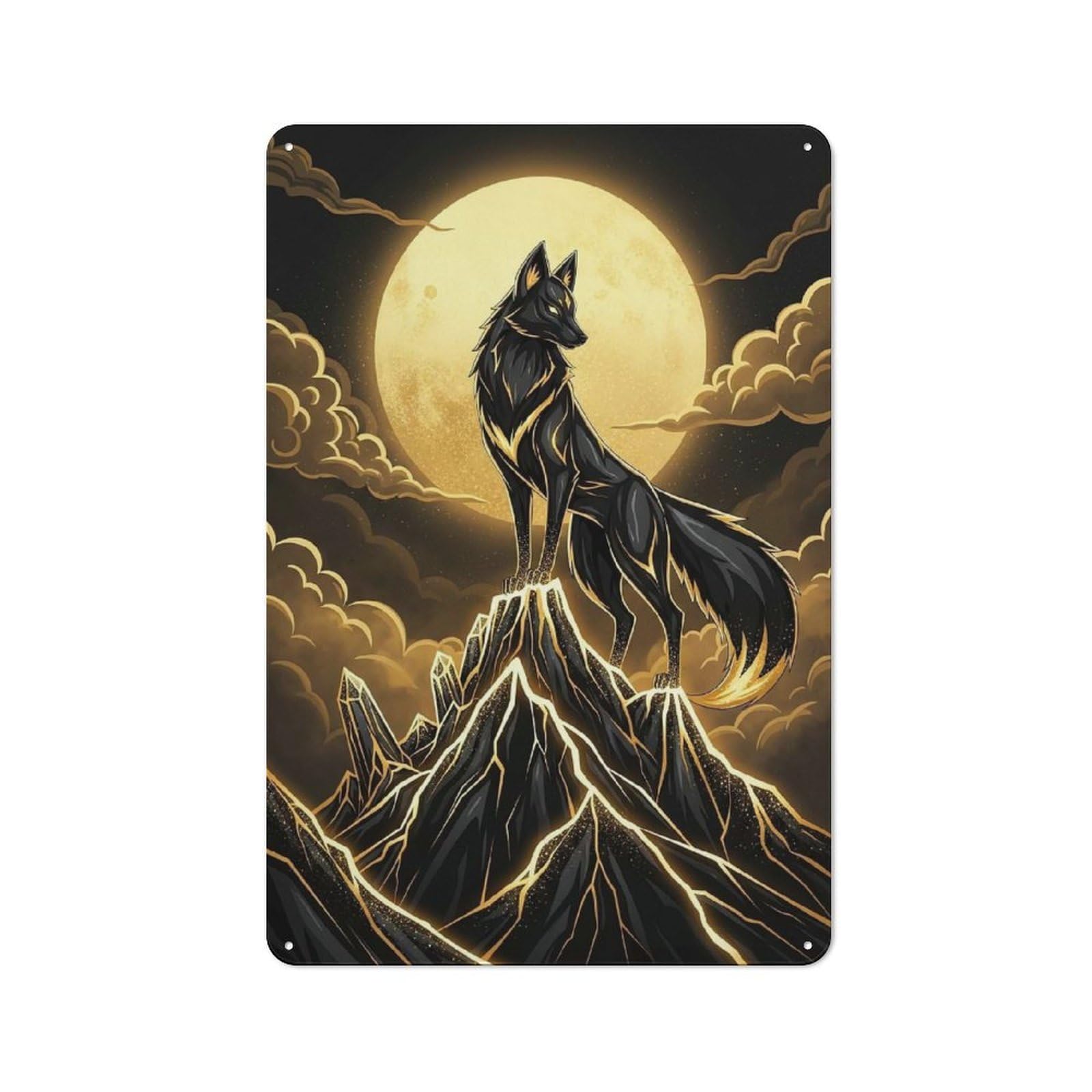 Junmoney Style-1 Vintage Metal Sign 30X20cm Featuring Golden Wolf On Crystal Mountain For Pub Or Café, Wall Decor For People Reorganising Pub And Café