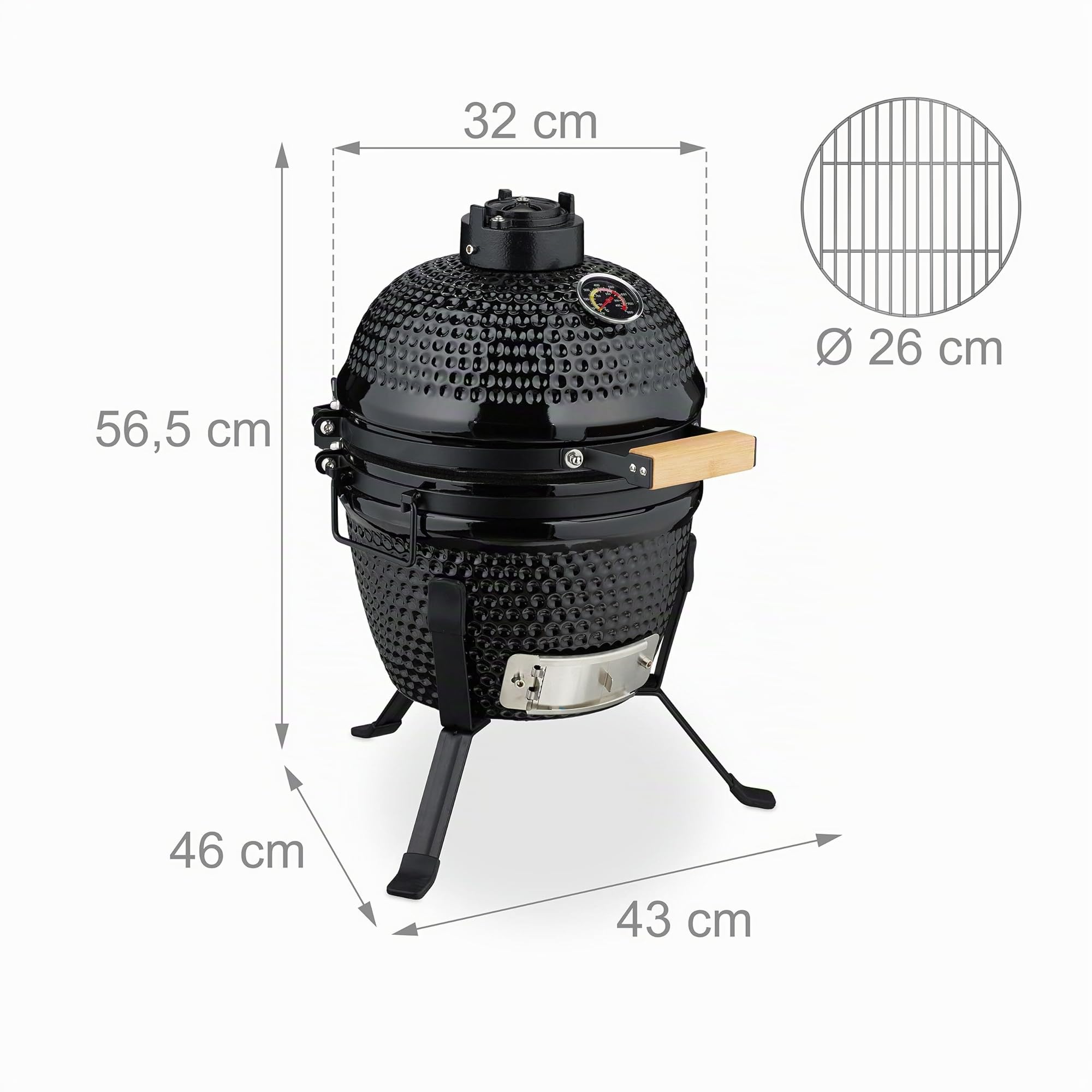 Relaxdays Barbecue a Carbonella Stile Kamado, Griglia Ø 26 cm in Ceramica, BBQ Carbone da Esterno Termometro 450°C, Nero