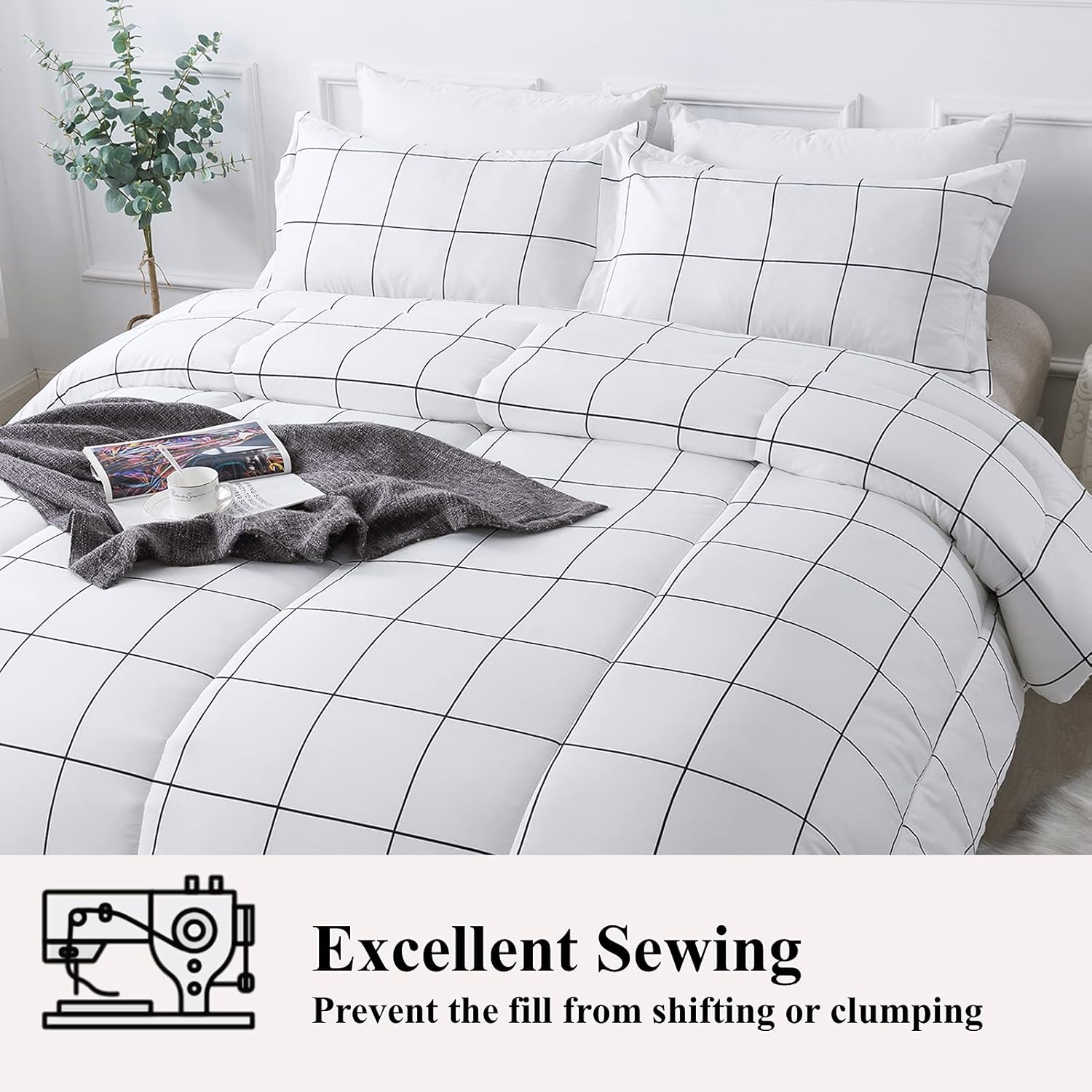 Andency White Grid Comforter Set Twin/Twin XL(66x90Inch), 2 Pieces (1 Plaid Comforter and 1 Pillowcase) White Plaid Comforter Set, Lightweight Polyester Gingham Geometric Comforter Bedding Set