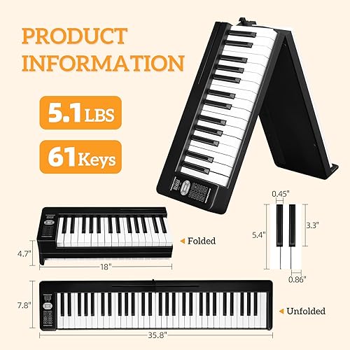 Miniatura 7 de Ktaxon Piano de teclado electrónico plegable piano eléctrico de 61 teclas con modo Bluetooth dual y altavoz estéreo de 5 W y función intuitiva