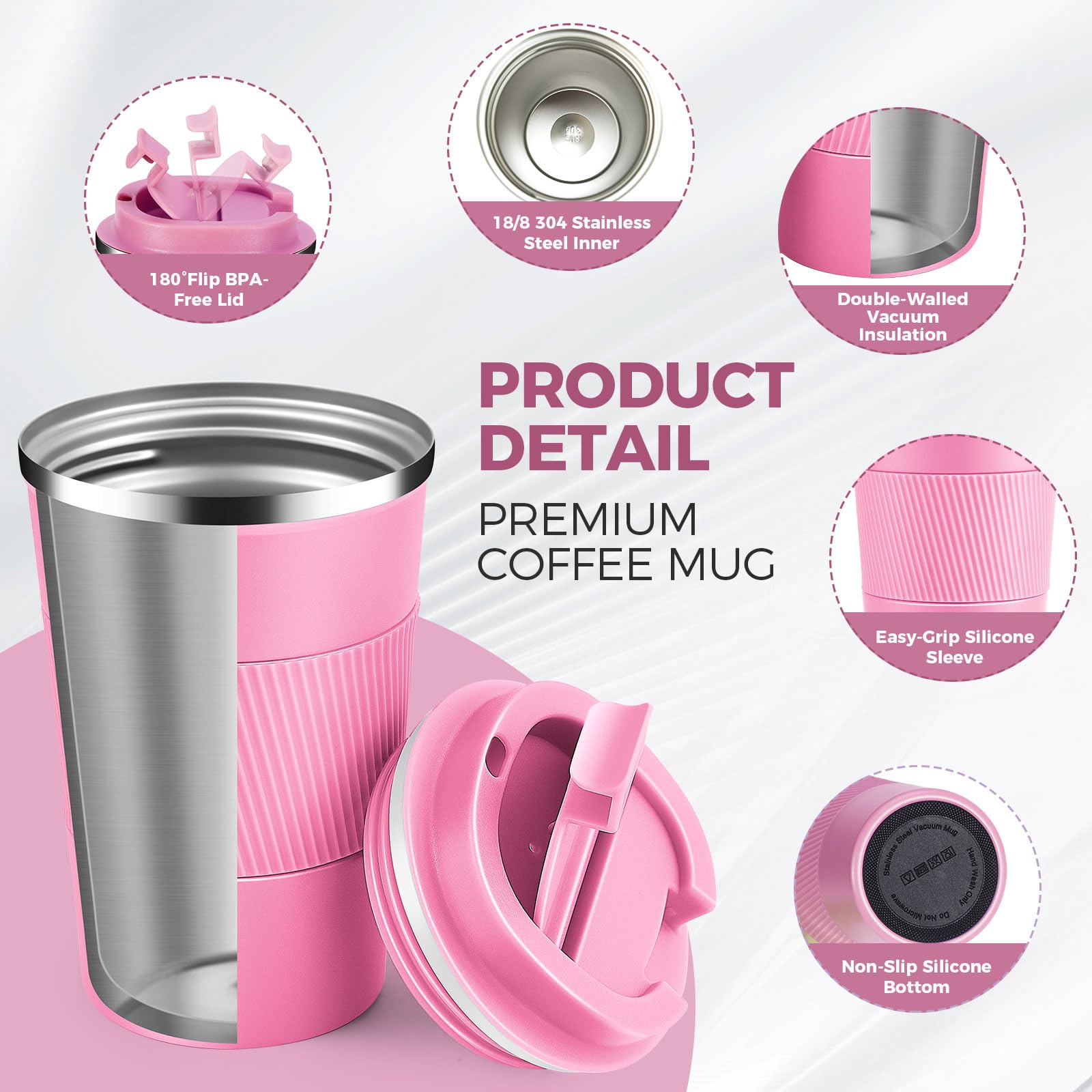 Volhoply 380ml 13oz Stainless Steel Insulated Travel Coffee Mug with Fip Lid Bulk 2 Pack,Reusable Double Wall Vacuum Metal Coffee Cup,Portable Leak Proof Tumbler for Hot & Cold Drinks(Mix,2) - Image 3