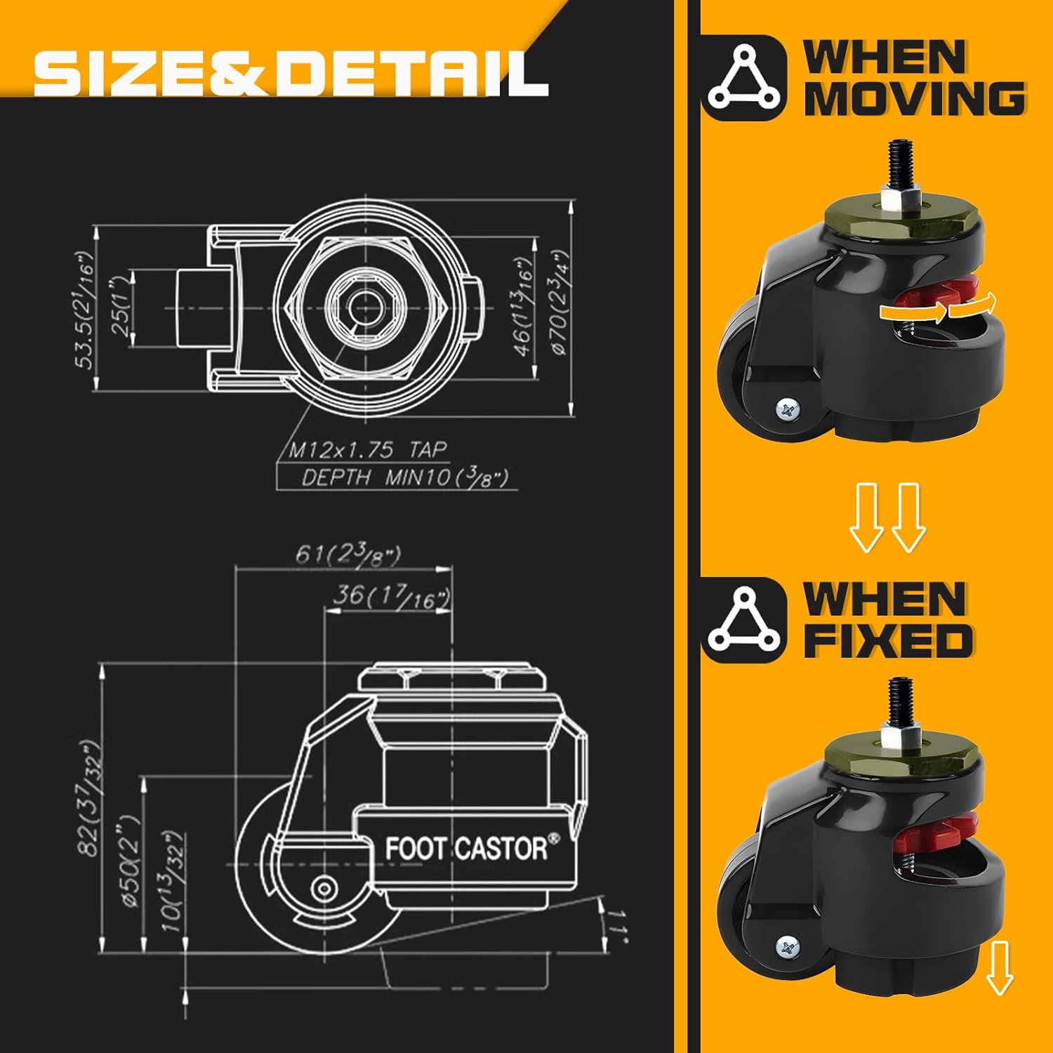 Leveling Stem Casters with Nylon Wheel and Rubber Foot,Heavy Duty Leveling Casters,Retractable Workbench Caster,Loading Capacity 2200 Lbs-4PCS(2 INCH)