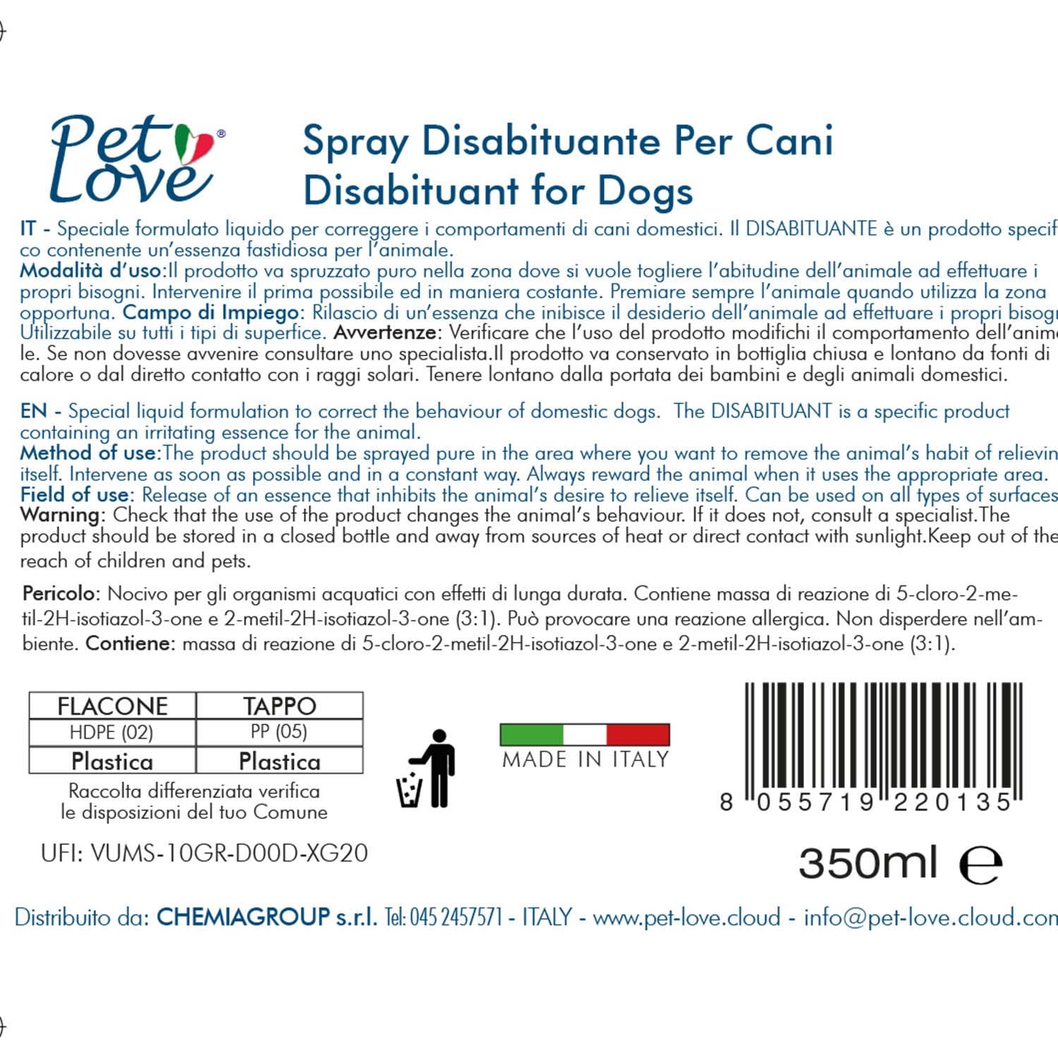 PET LOVE Spray Disabituante Repellente per Cani - Anti Urina per Interni ed Esterni - Barriera Olfattiva - 350 ml