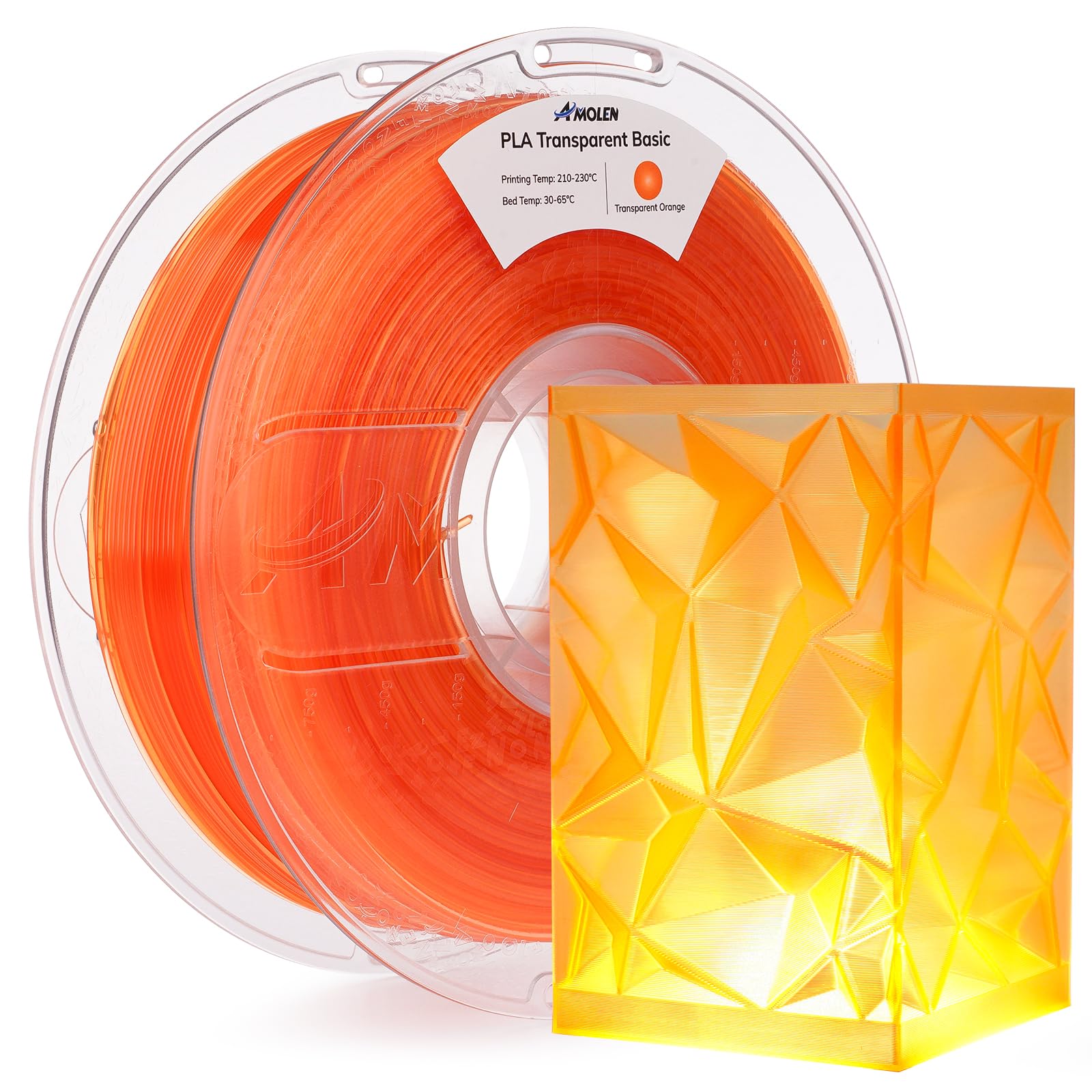 AMOLEN 3D Printer Filament Crystal PLA Transparent 1.75mm, Crystal Orange Clear Printing, Low Warping & No-Bubbles, Dimensional Accuracy +/- 0.02 mm,