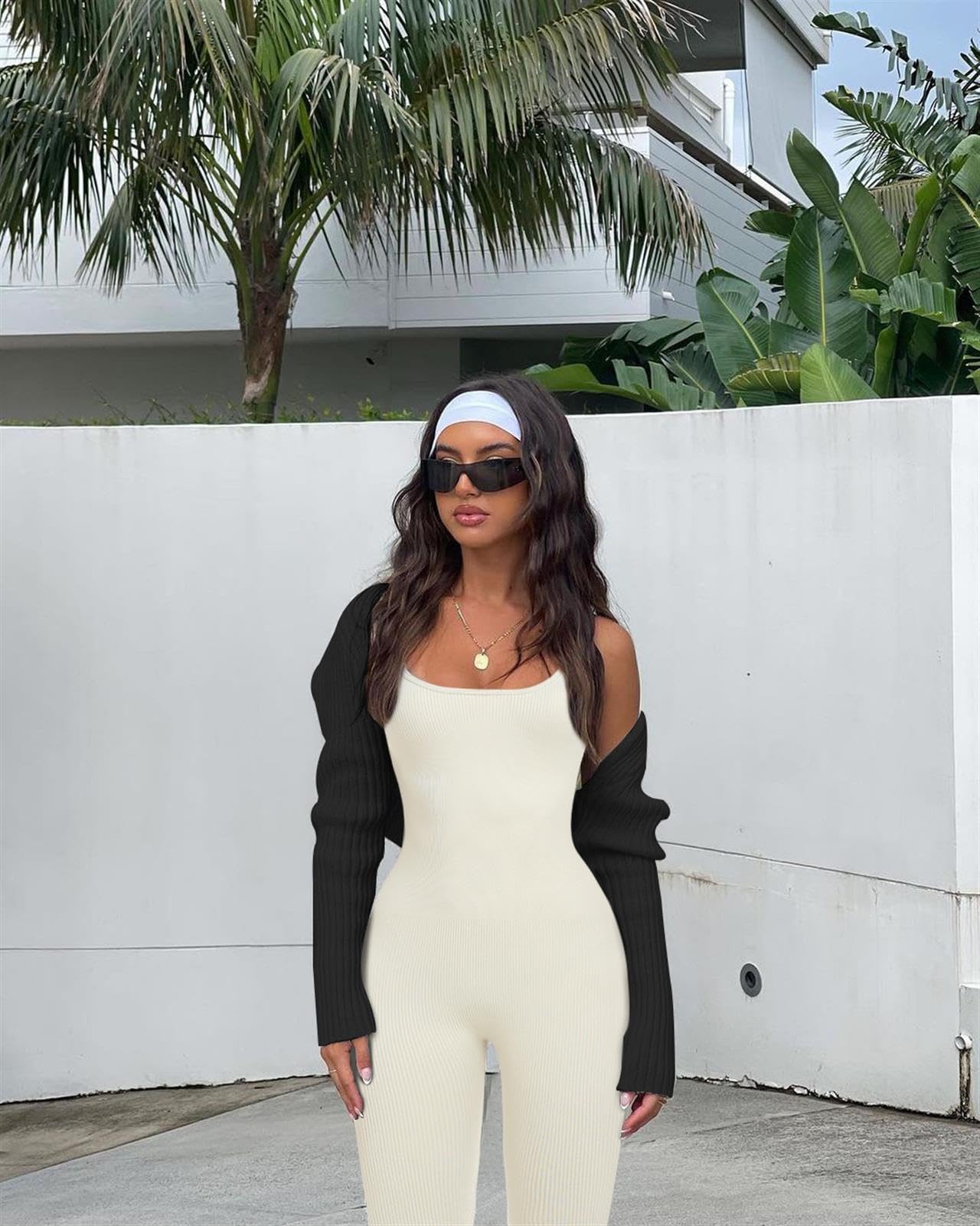hixswnu Traje de Yoga para Mujer Mono Sexy Cuello Cuadrado Manga Larga Leggings de Longitud Completa Bodycon Stretch Ropa Deportiva,Off White,L