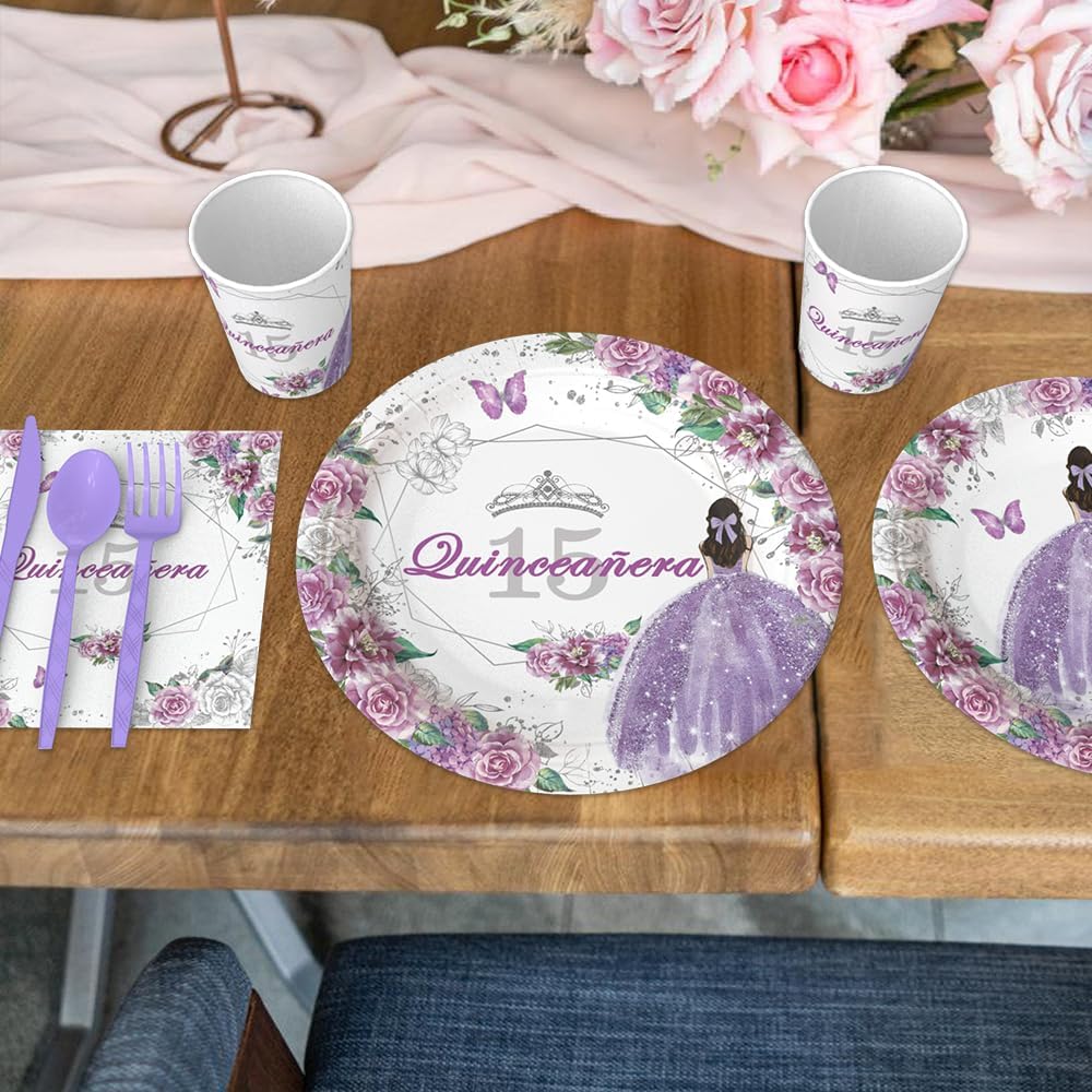 194pcs Quinceanera Decorations 15th Birthday Decorations Party Plates, Cup, Napkin, Tablecloth, Tableware, Purple Disposable Quinceanera Birthday Party Supplies Plates Serve 24 Guests