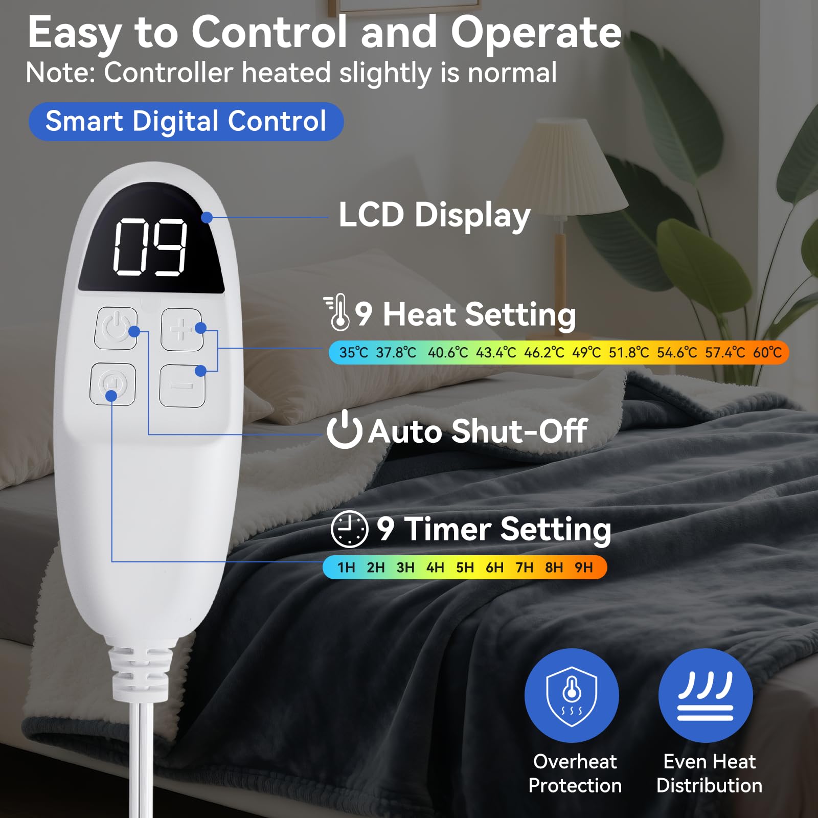 Coperta Elettrica Riscaldante Qoosea 160x130 cm - Spegnimento Automatico 1-9h - 9 Livelli di Calore - Coperta in Peluche Sherpa Lavabile - Protezione Surriscaldamento - per Letto e Divano (Grigio)