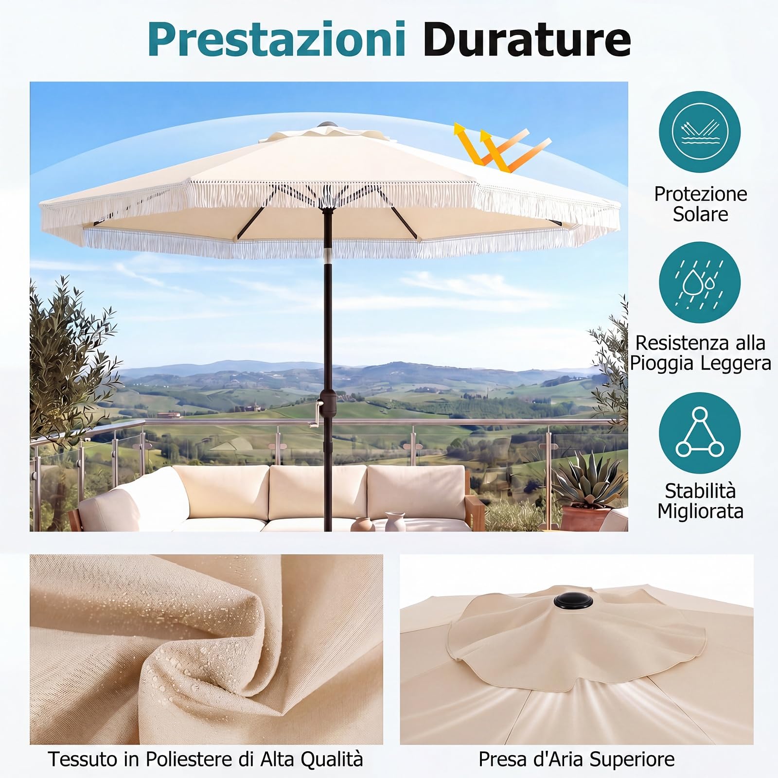 COSTWAY Ombrellone da Giardino 270 x 235 cm, Ombrellone da Esterno Inclinabile 30° con 8 Costole, Palo in Metallo, Parte Superiore Ventilata e Manovella per Spiaggia, Balcone e Terrazzo (Beige)