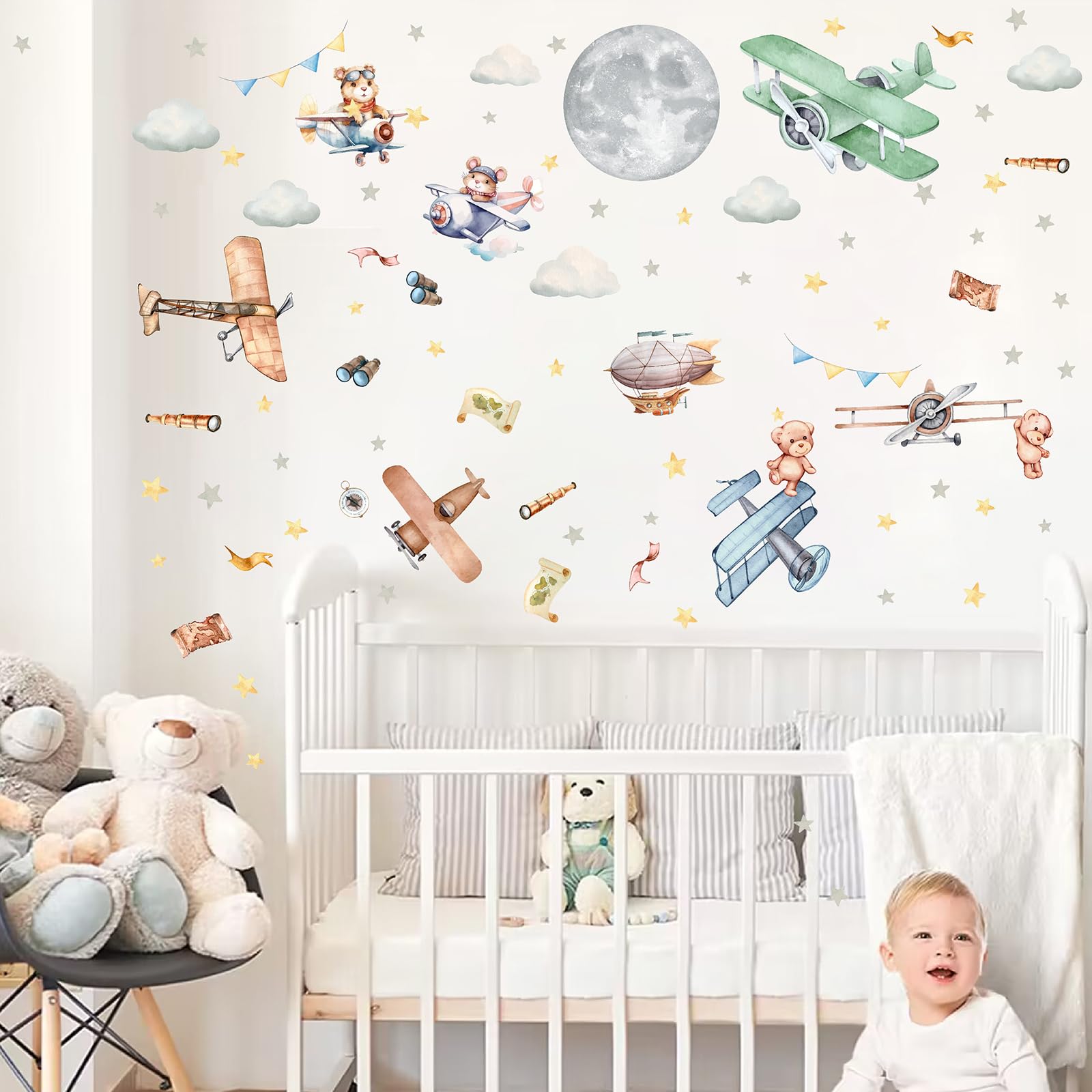 Autocollants muraux vintage en forme d'avion, avion, ballon, animal, lune, étoile, nuage, autocollants muraux en tissu pour chambre de garçon, chambre d'enfant, chambre d'enfant