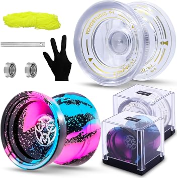 YOYOSTUDIO Pack of 2 Yoyos, Professional Metal Trick Yoyo for Kids & Adults | Responsive & Unresponsive Yoyo for Kids 8-12 and Beginner with Extra 2 Case + 10 Yo-Yo Strings + Glove +Bearing Kit