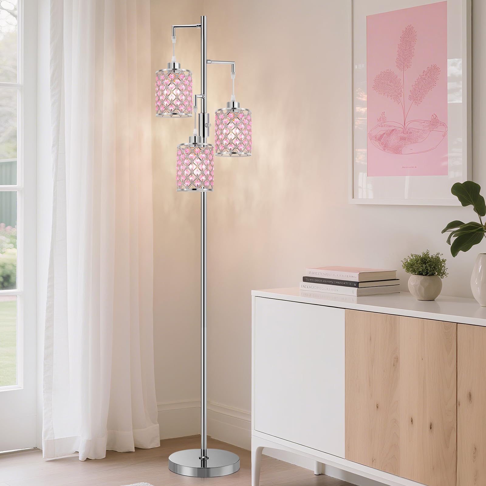 GyroVu Pink Crystal Floor Lamp, 3-Light Standing Tall Lamp with Sparkling K9 Crystal Shade, Rotary Switch, Easy Assemble Lamps for Living Room, Bedroom, Home Office, Girls Room