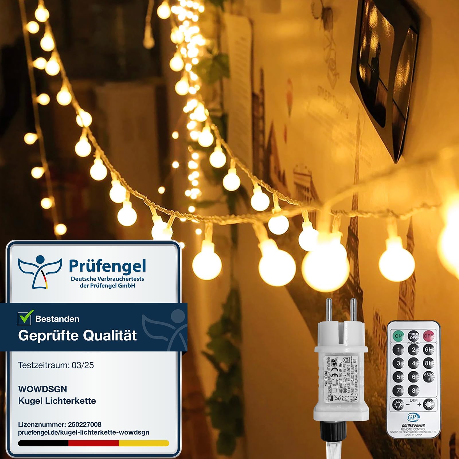 WOWDSGN Kugel Lichterkette, 100 LEDs 10m Dimmbar, Partylichterkette mit Stecker für Innen und Außen, 8 Leuchtmode, Enegiesparend, ideal für Weihnachten, Hochzeit, Party, Garten, Warmweiß