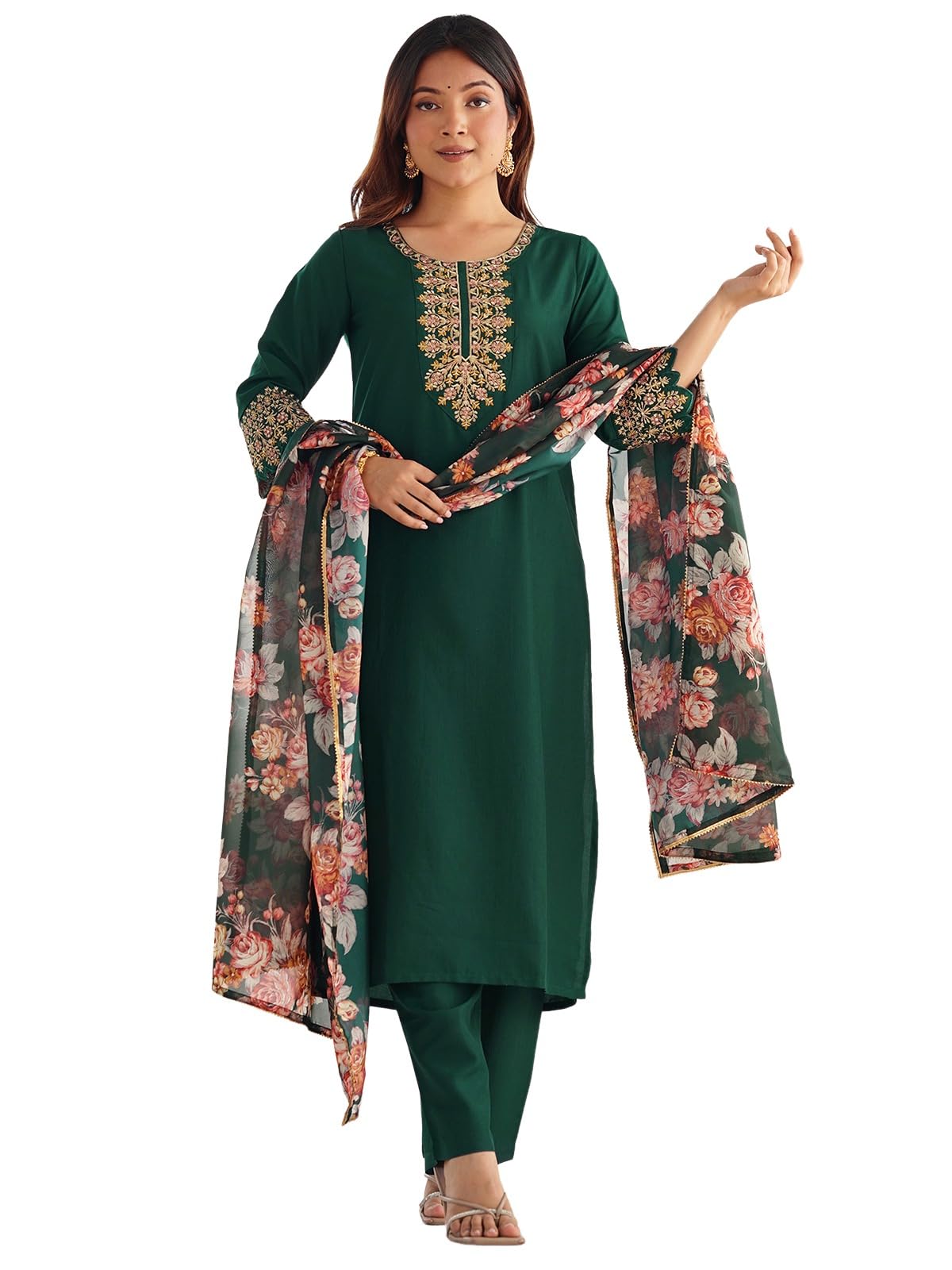 Sanisa Women's Chinnon Sequins Embroidery Straight Kurta With Pant And Dupatta Set (136Kbd1466N-L_Dark Green)