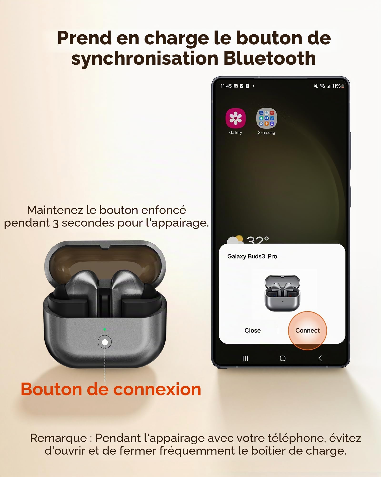 leQuiven Boîtier de Charge sans Fil pour Samsung Galaxy Buds 3 Pro, Charge sans Fil et Câblée, Boîtier de Remplacement avec Bouton d’Appairage Bluetooth (Écouteurs Non Inclus)
