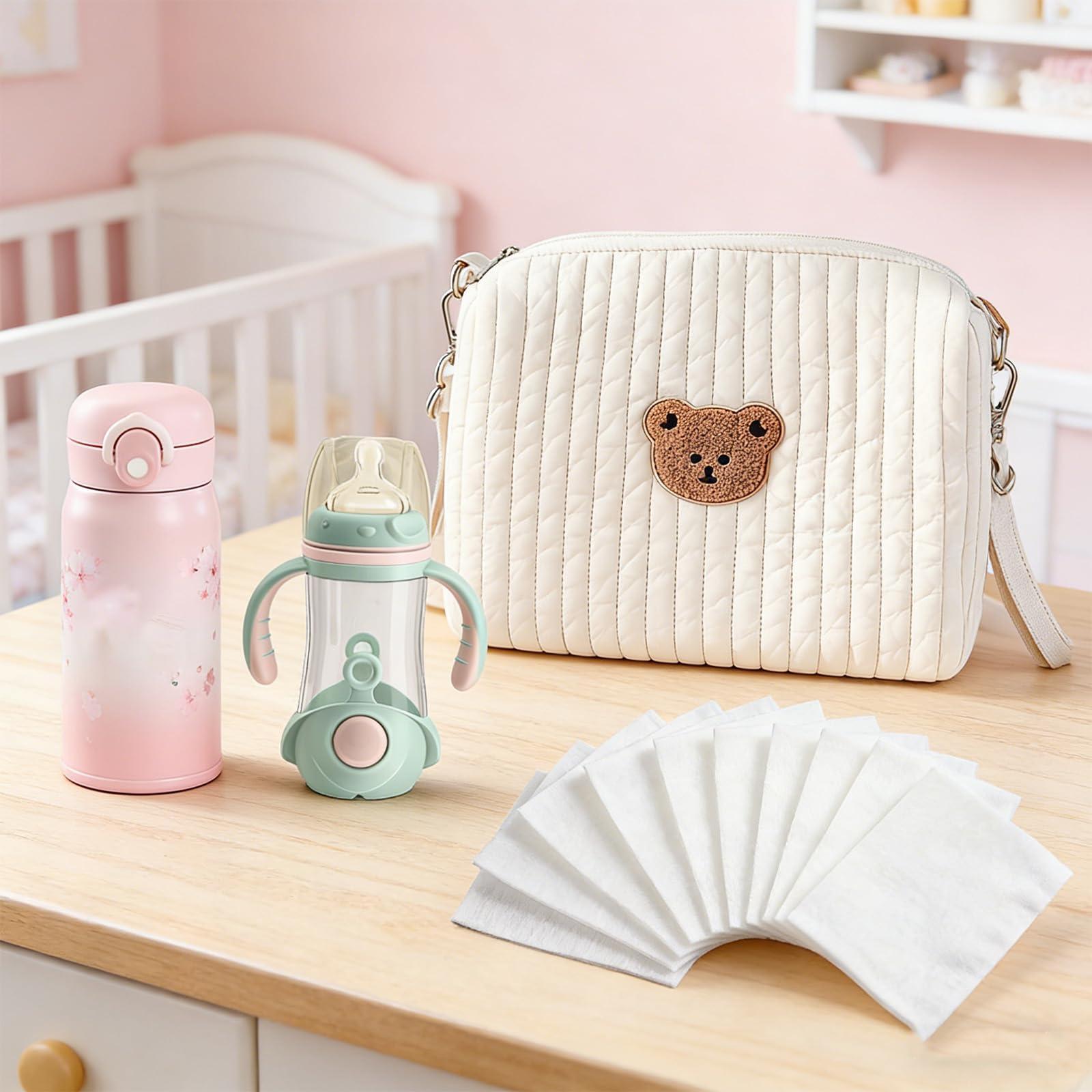 Sac à langer pour les déplacements, organisateur universel pour poussette, broderie ours, sac à langer en coton, mini sac à couches et sac pour poussette avec 2 sangles