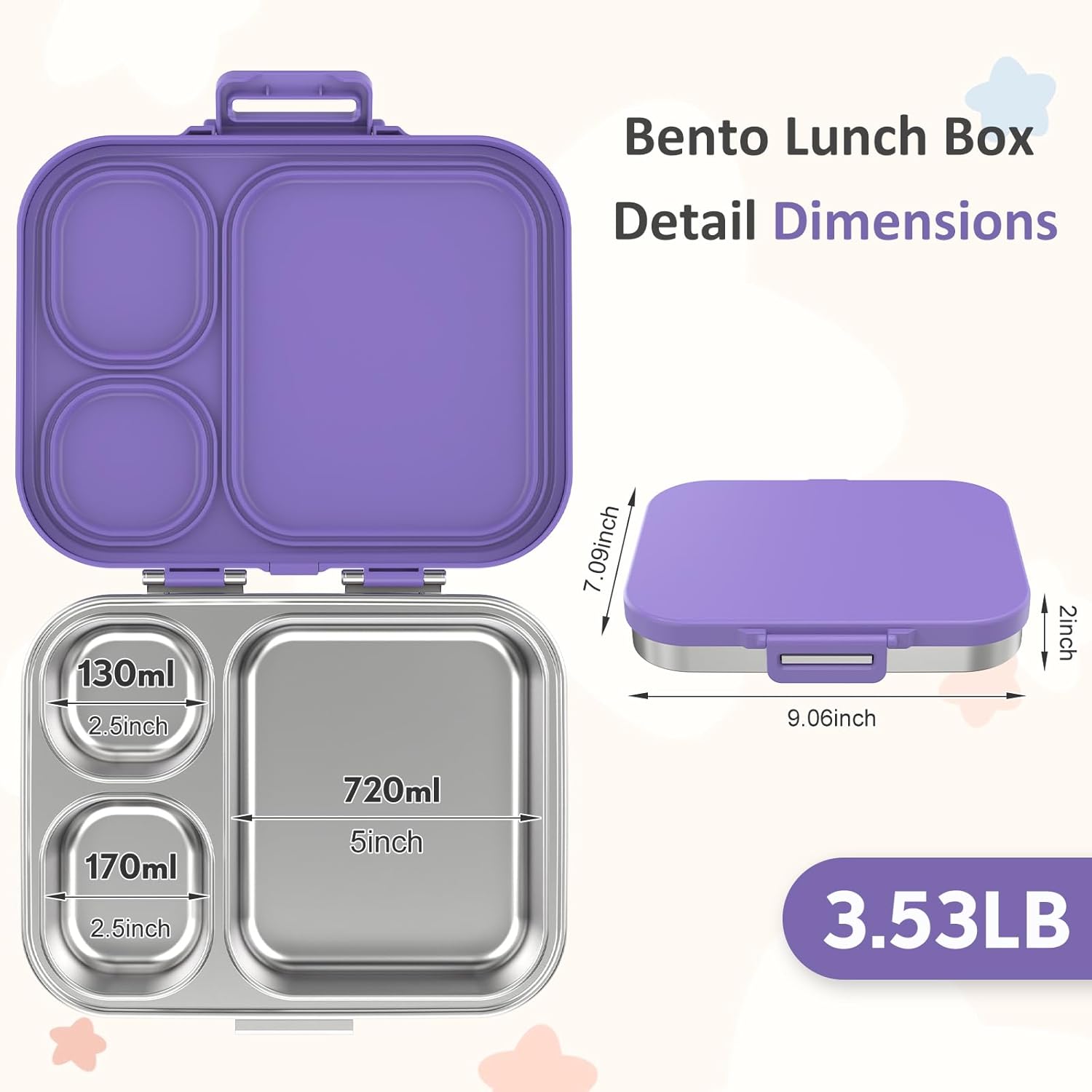 Stainless Steel Bento Box Kids, Leak Proof Metal Bento Lunch Box,3 Compartments 304 Stainless Steel Bento Lunch Containers for School and Office,BPA-Free(Purple) - Image 5