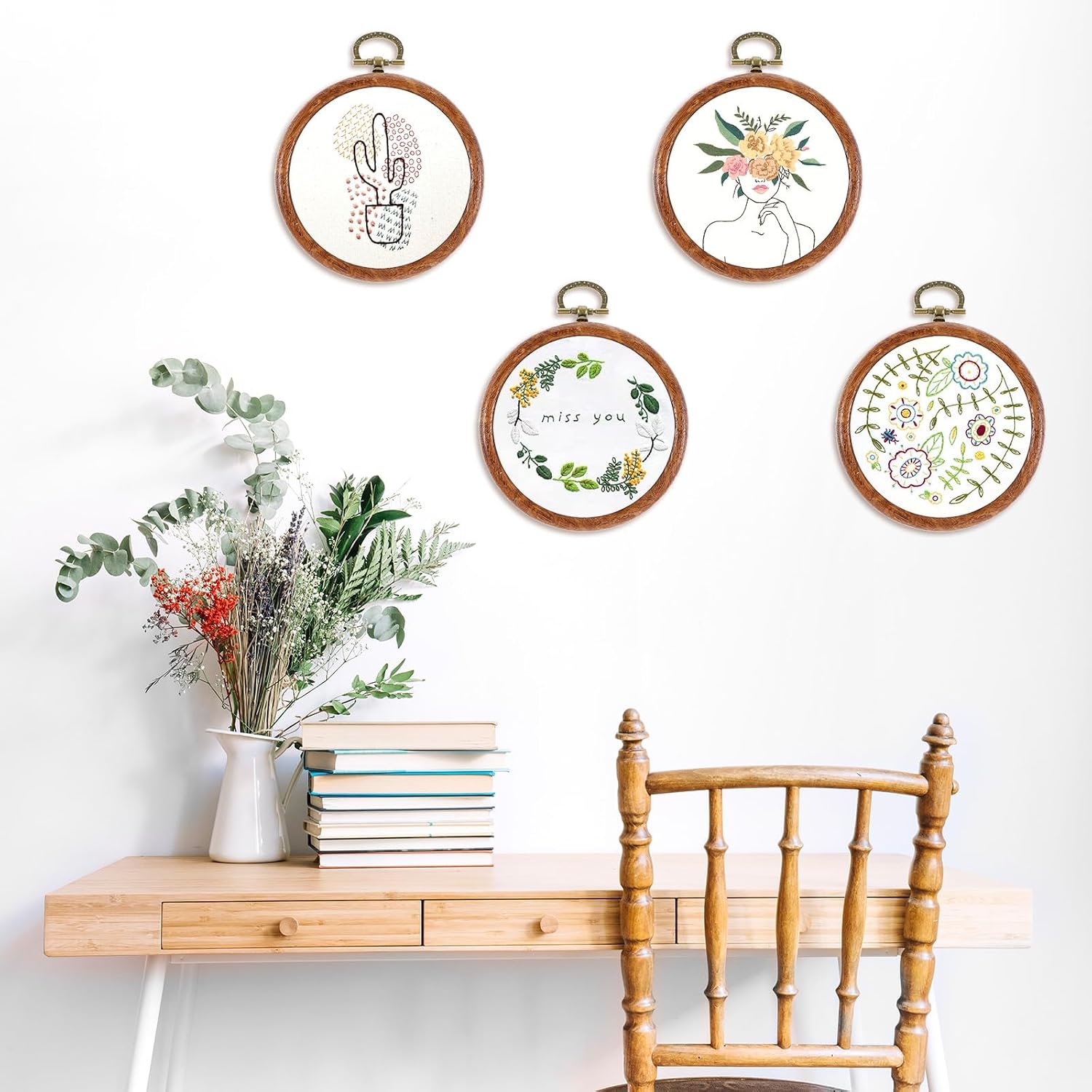 10 Pcs Round Embroidery Hoops Frame, Adjustable Circle Embroidery Hoop Ring, Circle Rubber Hoops Ring Display Ornament Imitated Wood Frame Kits for Craft Sewing DIY Hanging Gifts