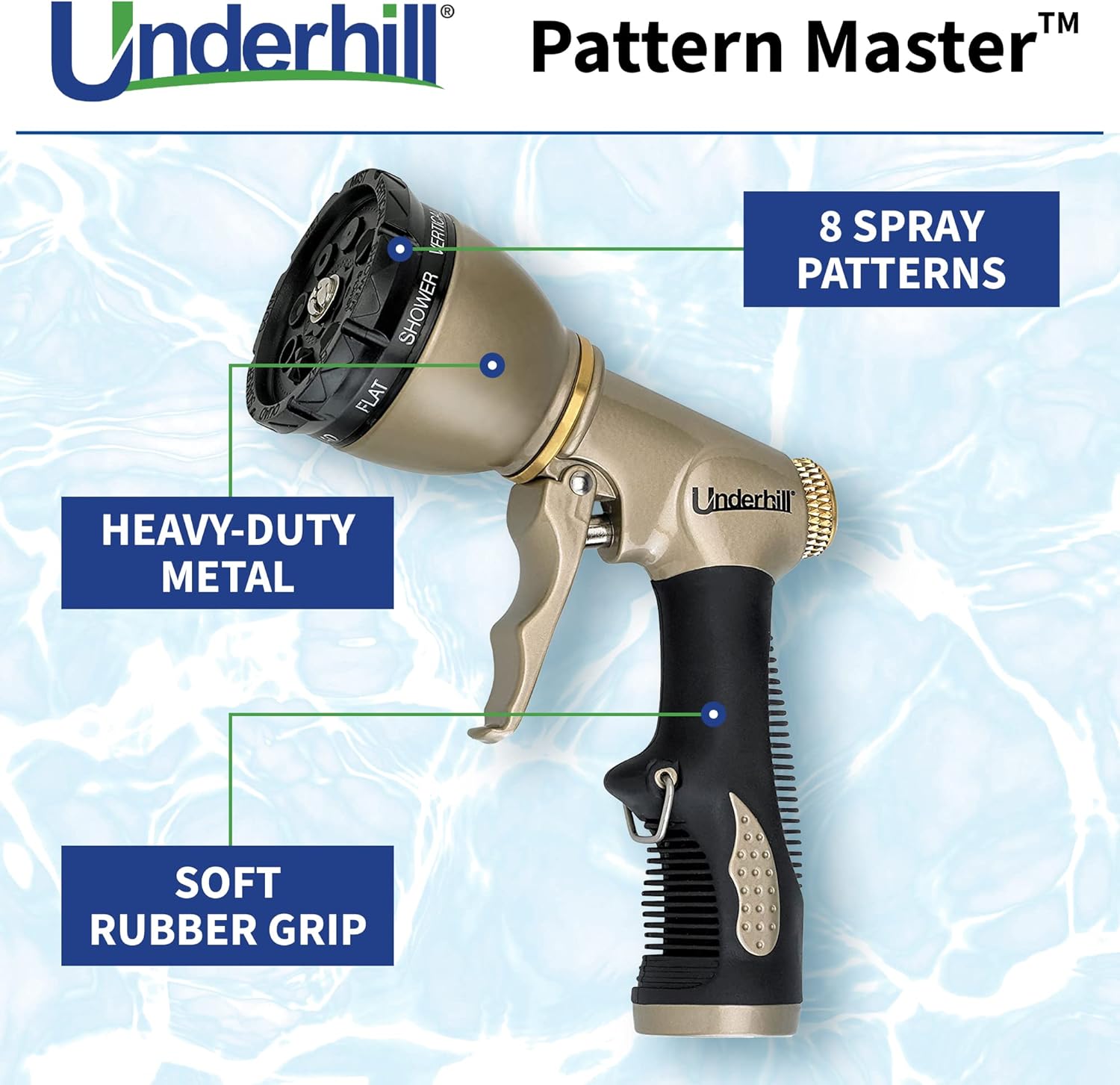 Underhill Pattern Master Gold Series Garden Water Hose Nozzle Sprayer Head, 3/4-Inch Thread Inlet, Jet Attachment 8 Spray Patterns, NG200-8S