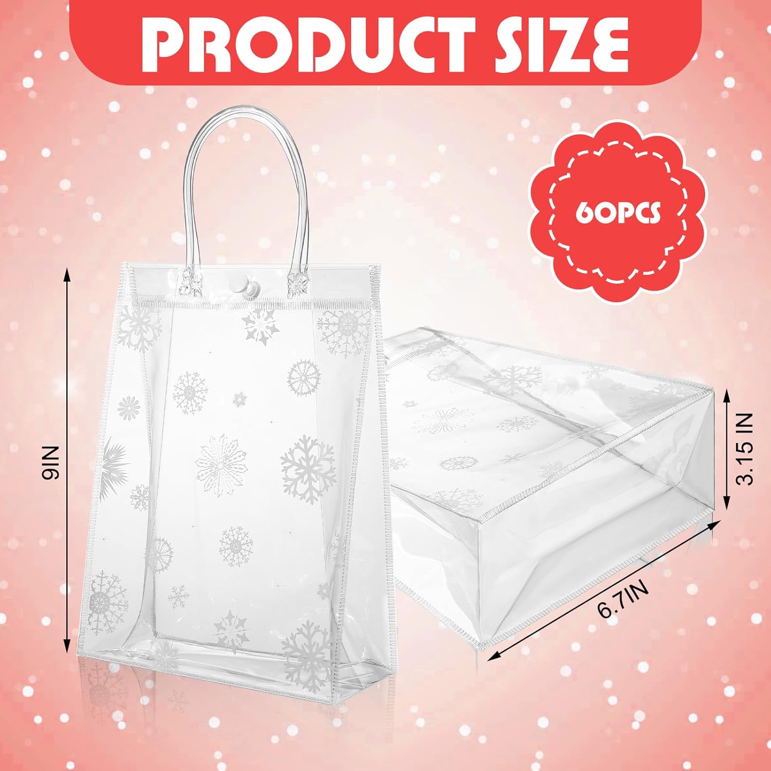 Gueevin 60 Pcs Christmas Clear Gift Bags with Handles Bulk Plastic Candy Treat Snowflake Party Gift Bags PVC Wine Tote for Wedding Birthday Party Favor(9.06 x 6.69 x 3.15 Inch) - Image 2