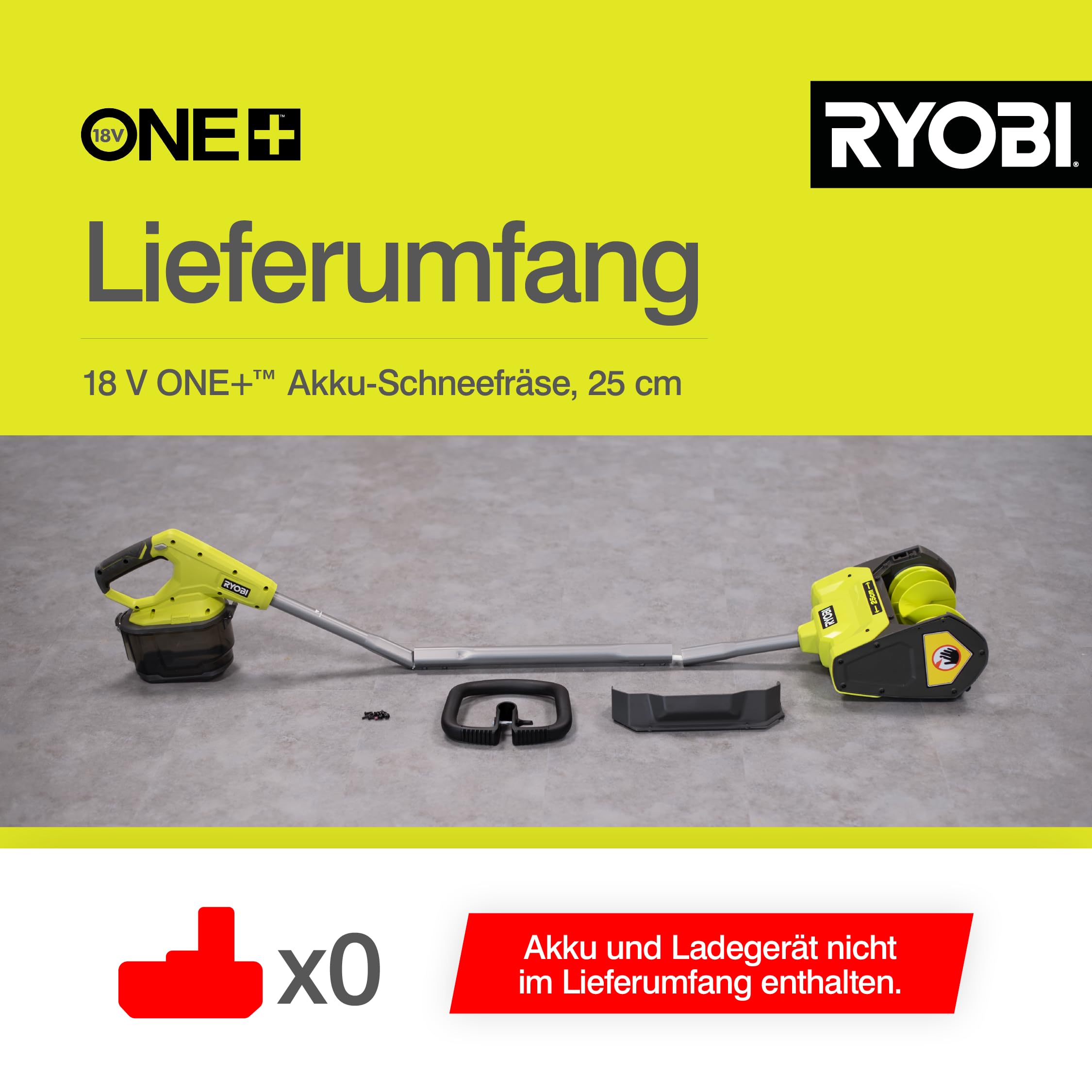 RYOBI 18 V ONE+ Akku‐Schneefräse RY18ST25A‐0, Räumbreite 25 cm, ohne Akku und Ladegerät